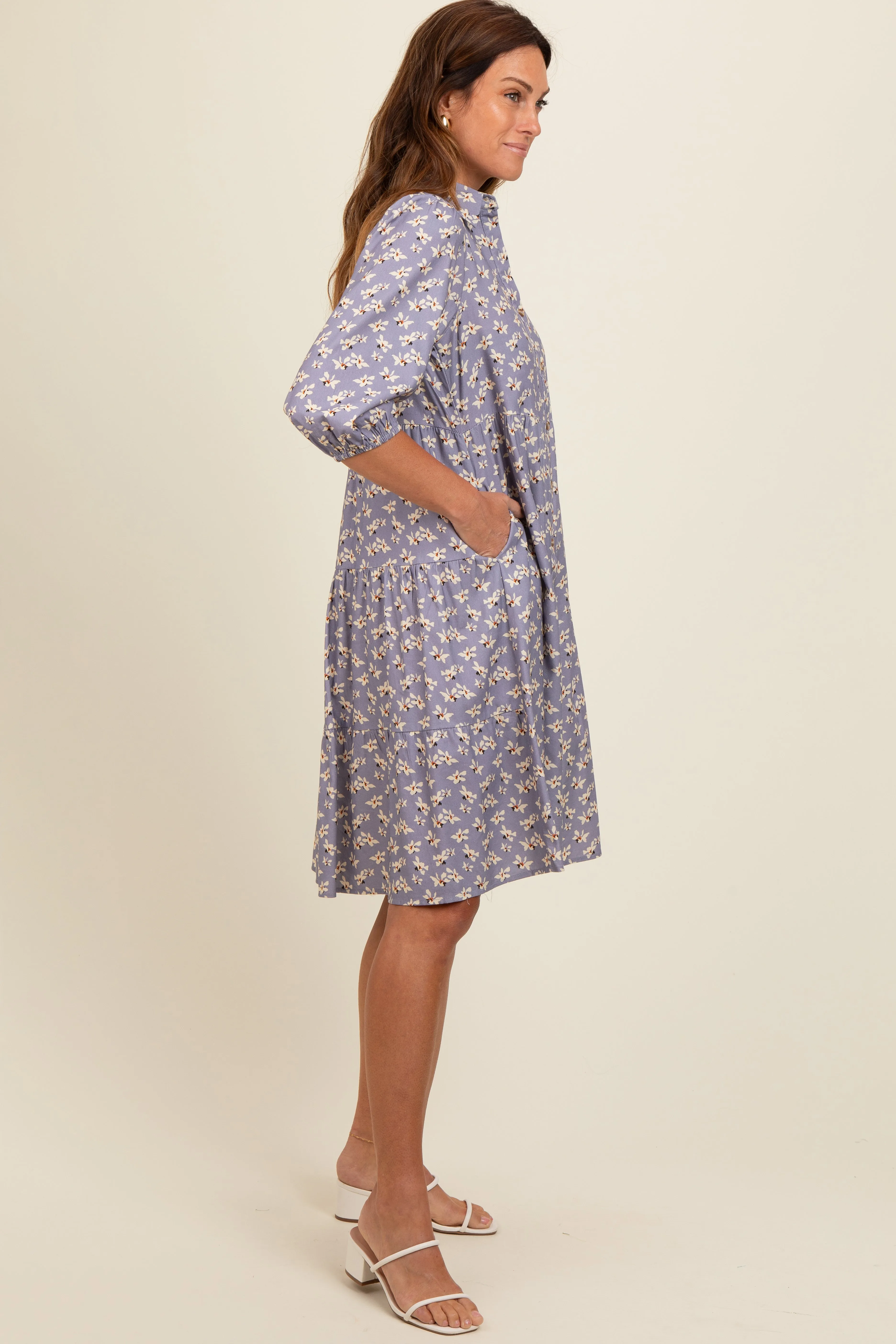 Lavender Floral Button Front 3/4 Sleeve Dress sold by Pinkblush product image thumbnail 3