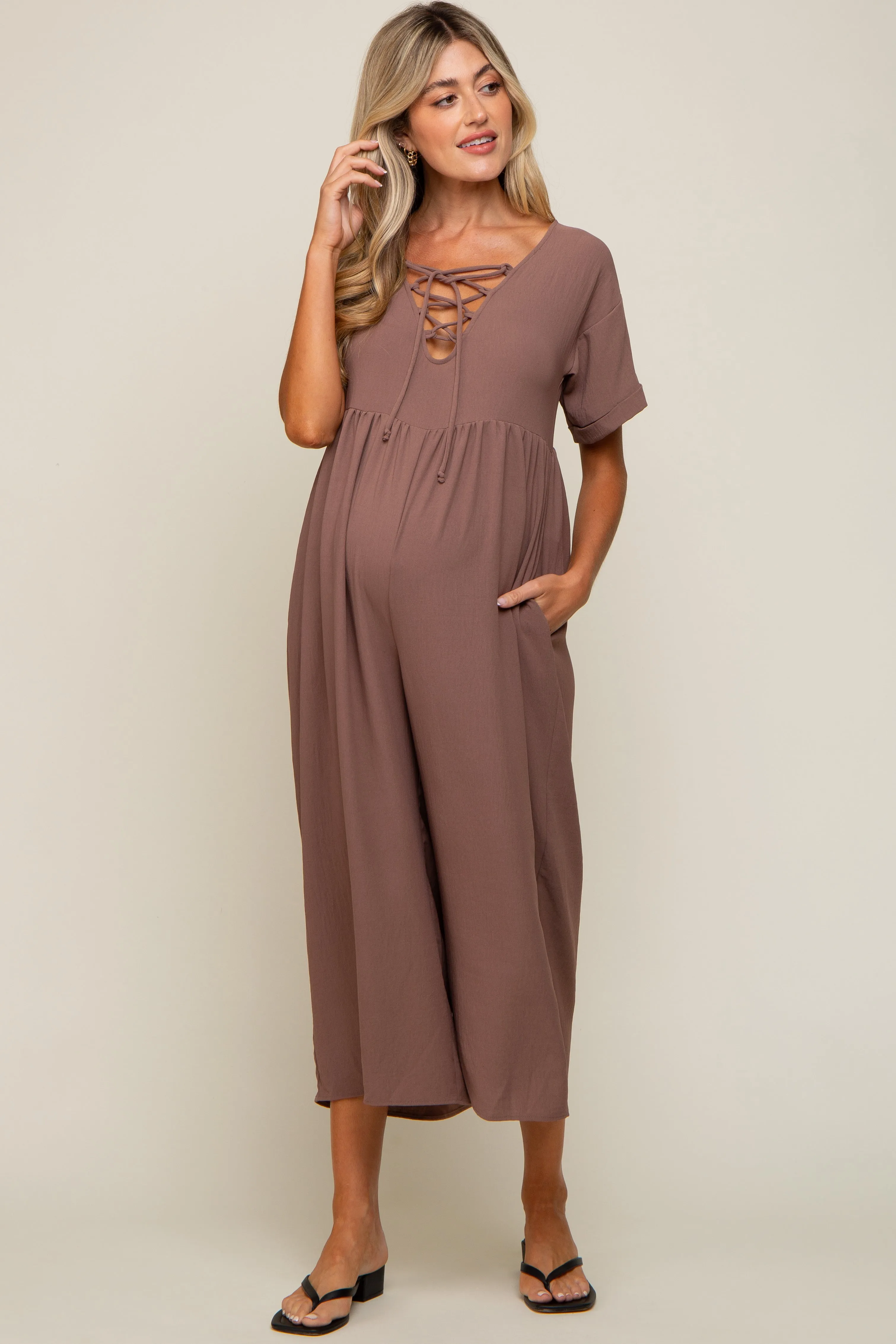 Mocha Crisscross Wide Leg Maternity Jumpsuit sold by Pinkblush product image thumbnail 4