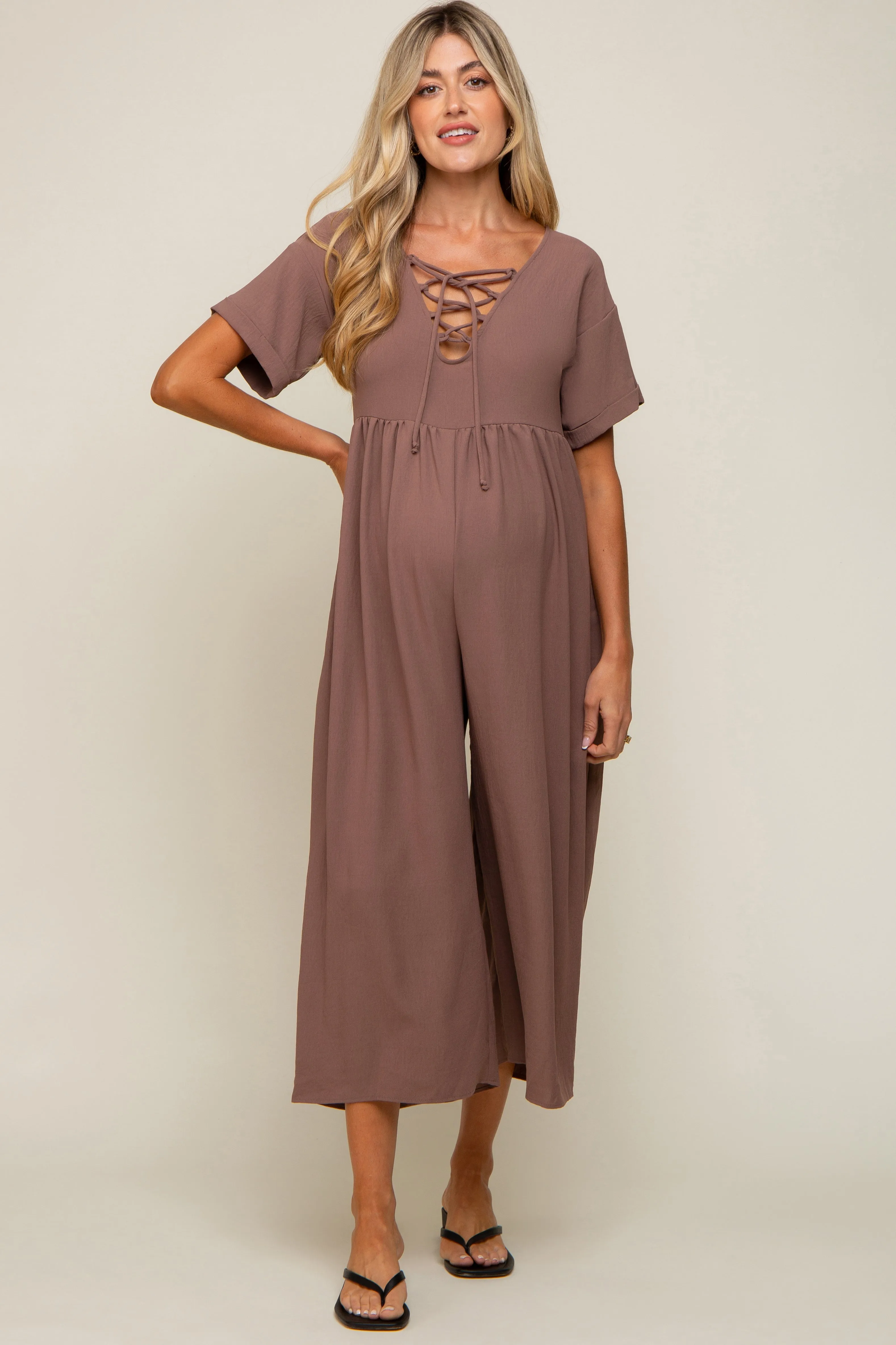 Mocha Crisscross Wide Leg Maternity Jumpsuit sold by Pinkblush