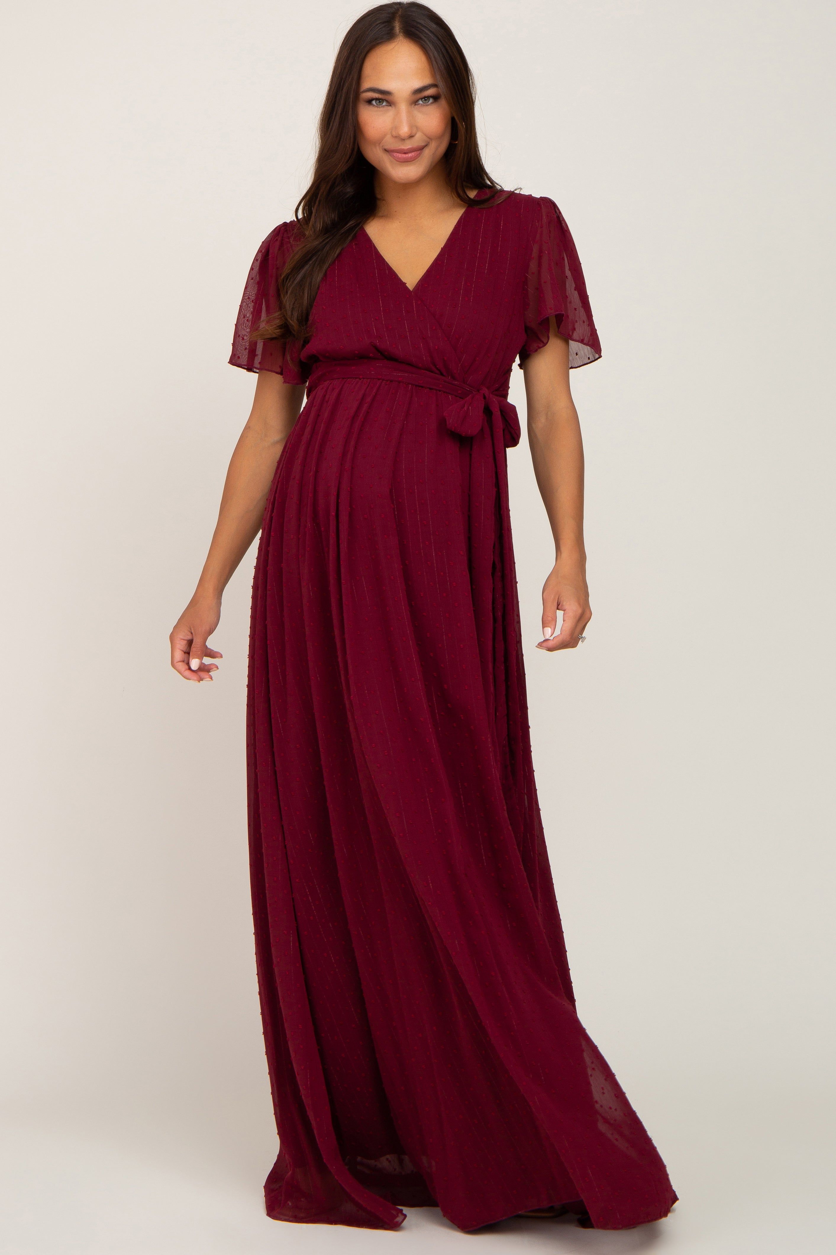Burgundy Swiss Dot Chiffon Maternity Maxi Dress sold by Pinkblush