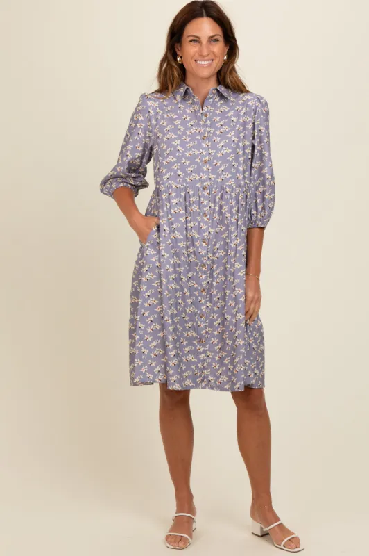 Lavender Floral Button Front 3/4 Sleeve Dress sold by Pinkblush