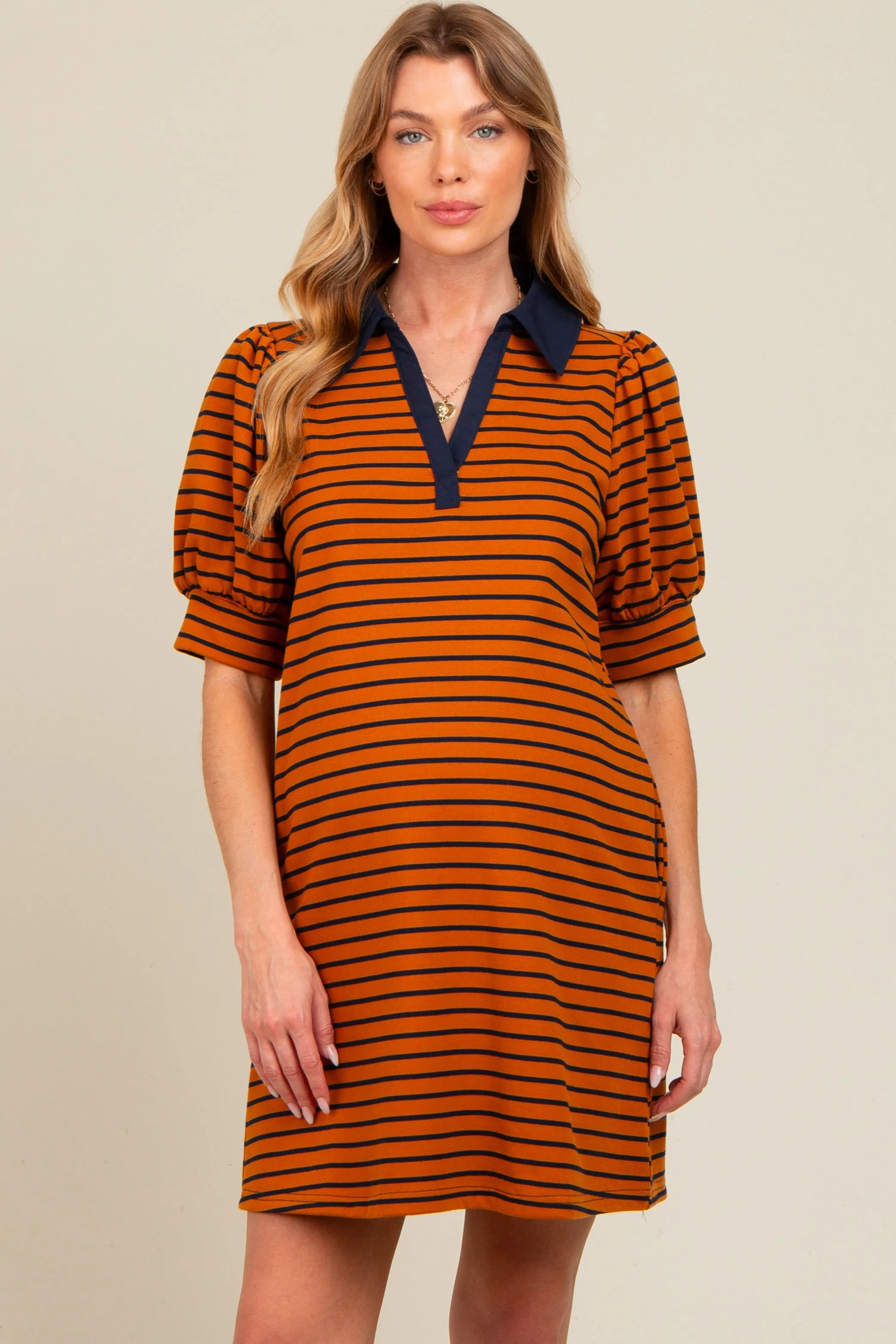 Camel Striped Collared Puff Sleeve Maternity Dress sold by Pinkblush