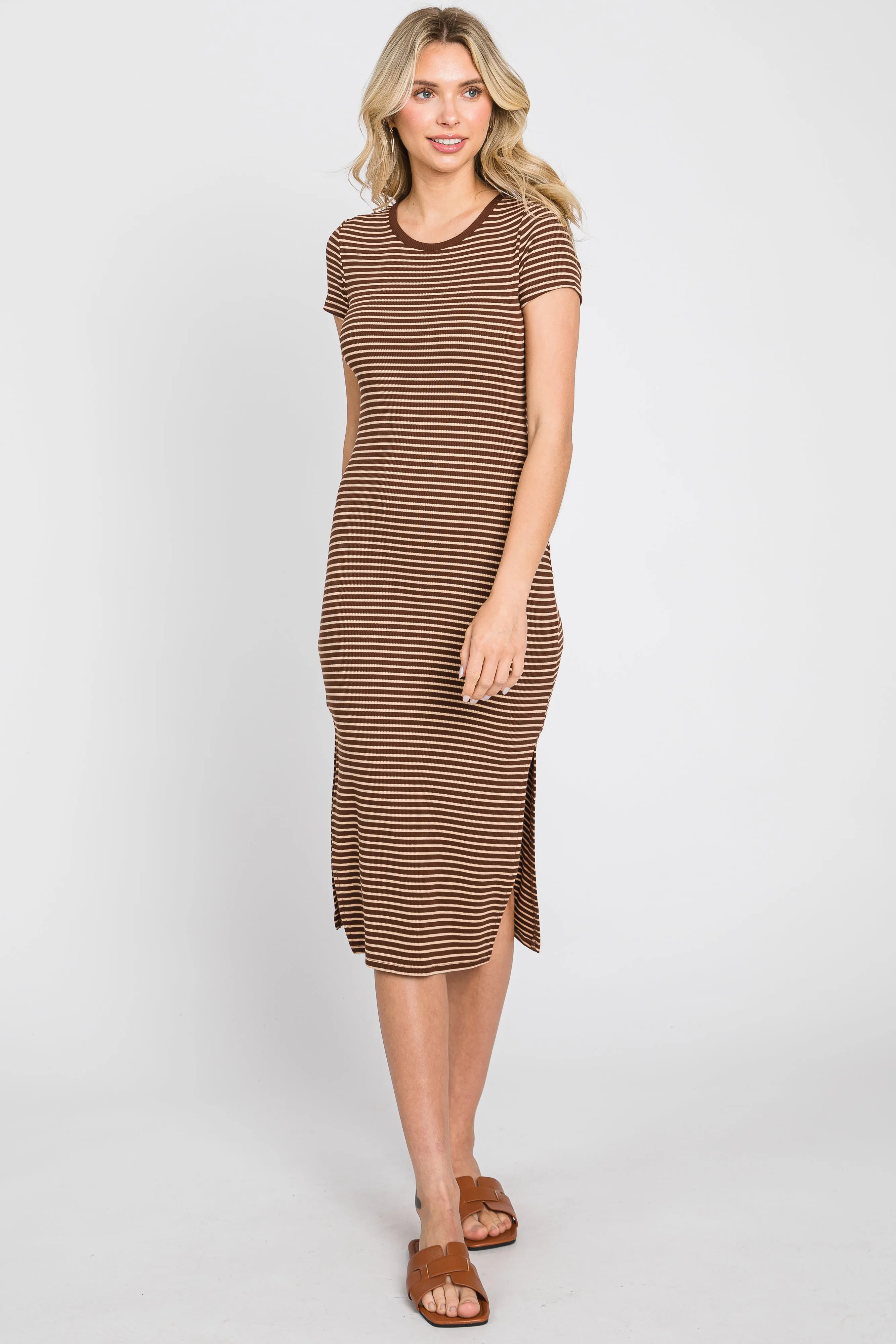 Brown Striped Side Slit Fitted Midi Dress sold by Pinkblush