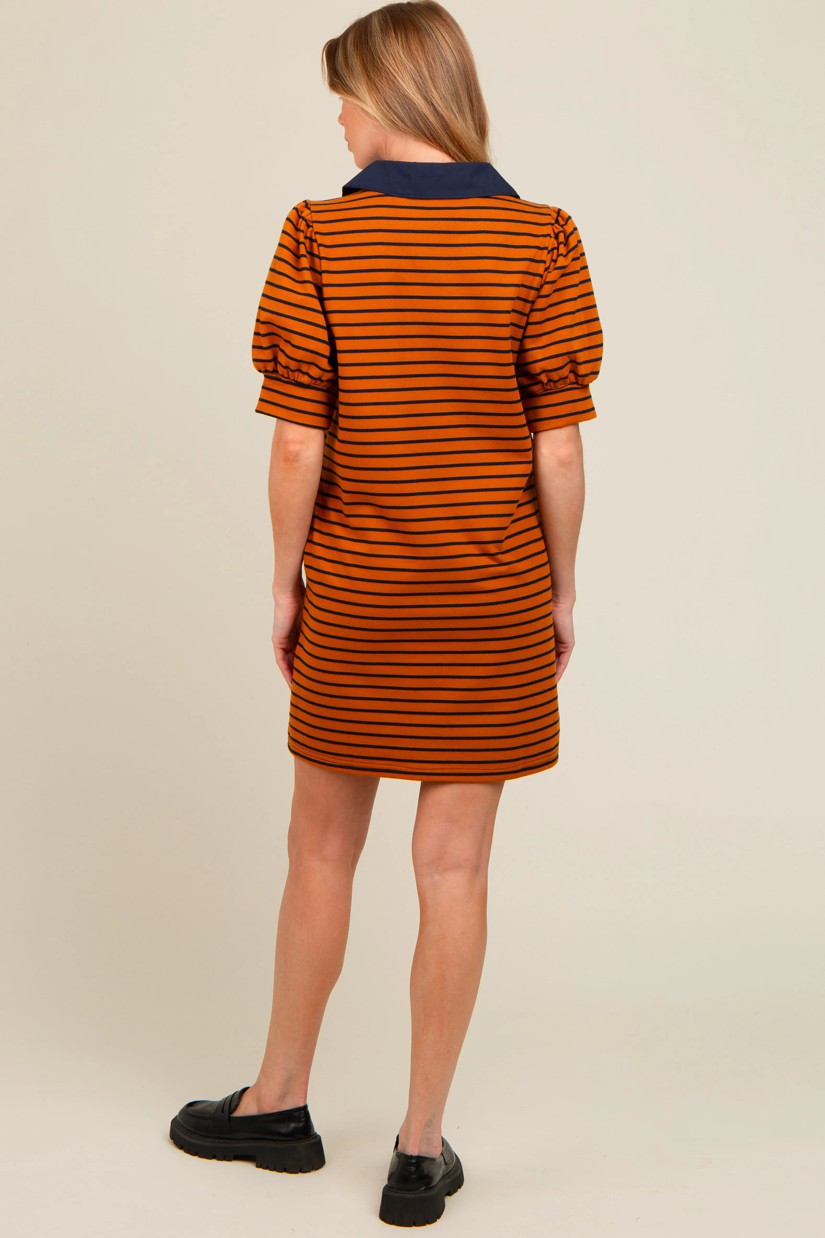 Camel Striped Collared Puff Sleeve Maternity Dress sold by Pinkblush product image thumbnail 2