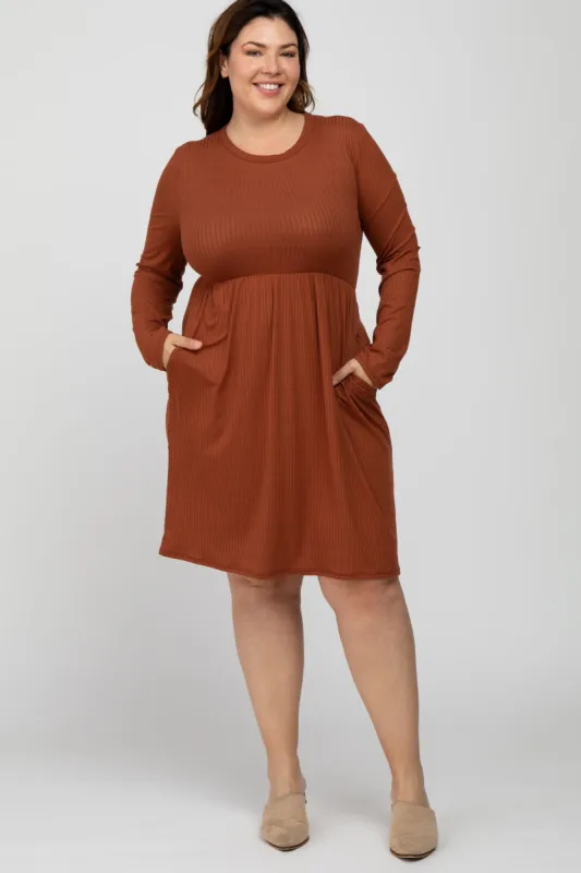 Rust Ribbed Long Sleeve Plus Dress sold by Pinkblush
