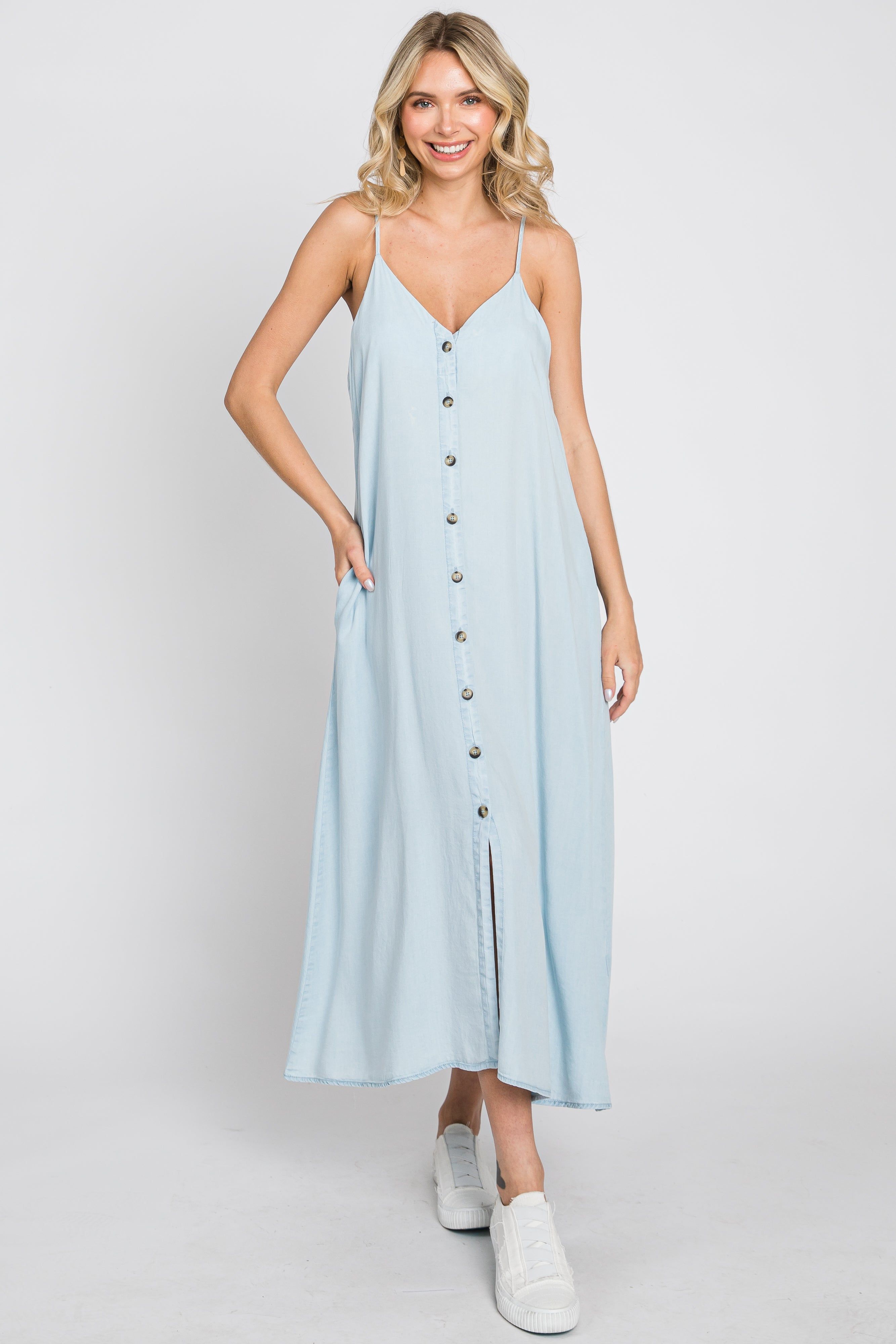 Light Blue Button Down Midi Tank Dress sold by Pinkblush