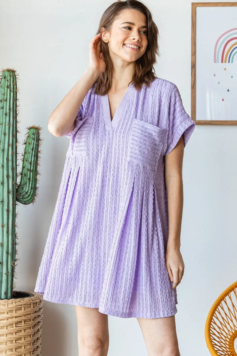 Lavender Texture Knit Pocket Pleat Mini Dress sold by Pinkblush