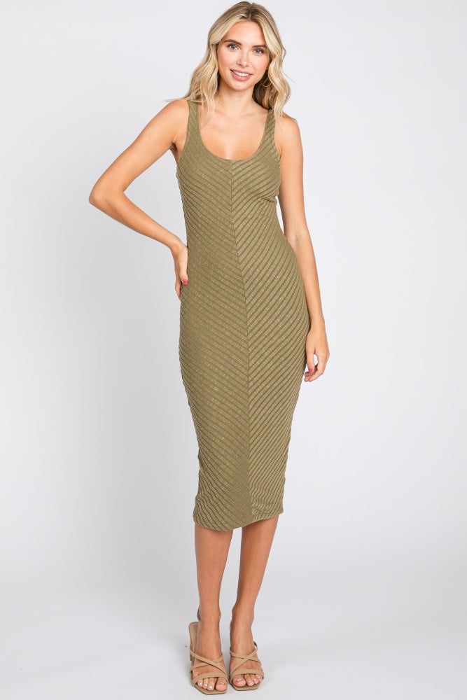 Olive Textured Knit Sleeveless Midi Dress sold by Pinkblush
