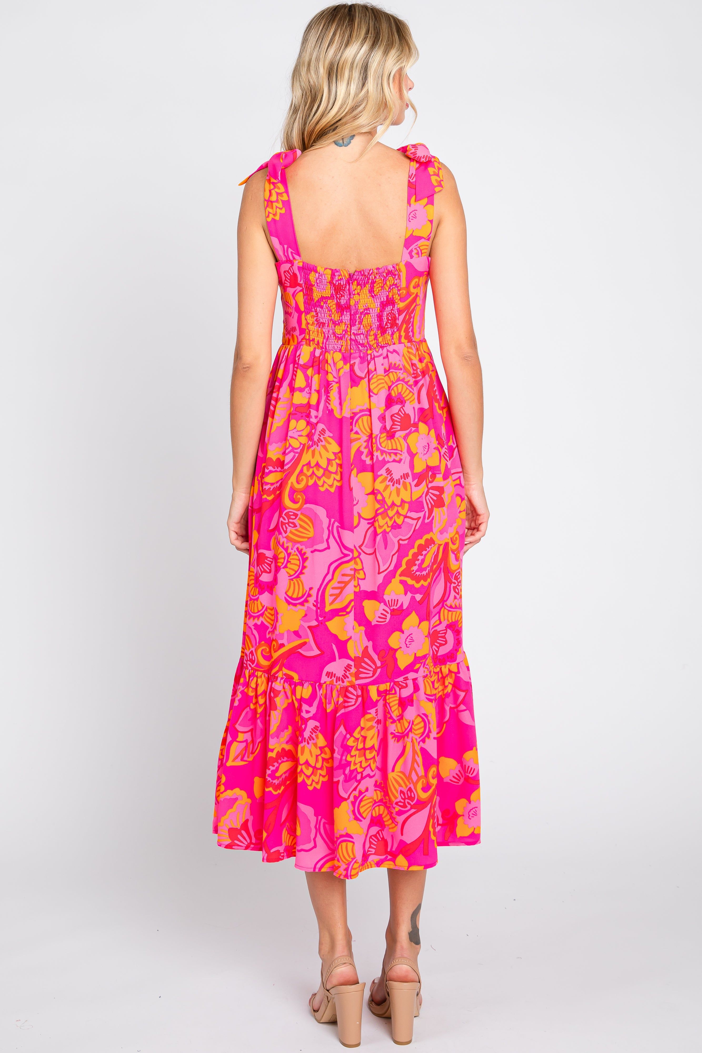 Orange Floral Shoulder Tie Midi Dress sold by Pinkblush product image thumbnail 3