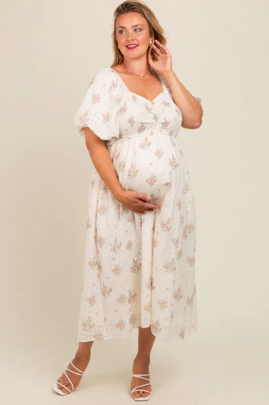 Beige Floral Textured Dot Smocked Sweetheart Neck Maternity Plus Midi Dress sold by Pinkblush