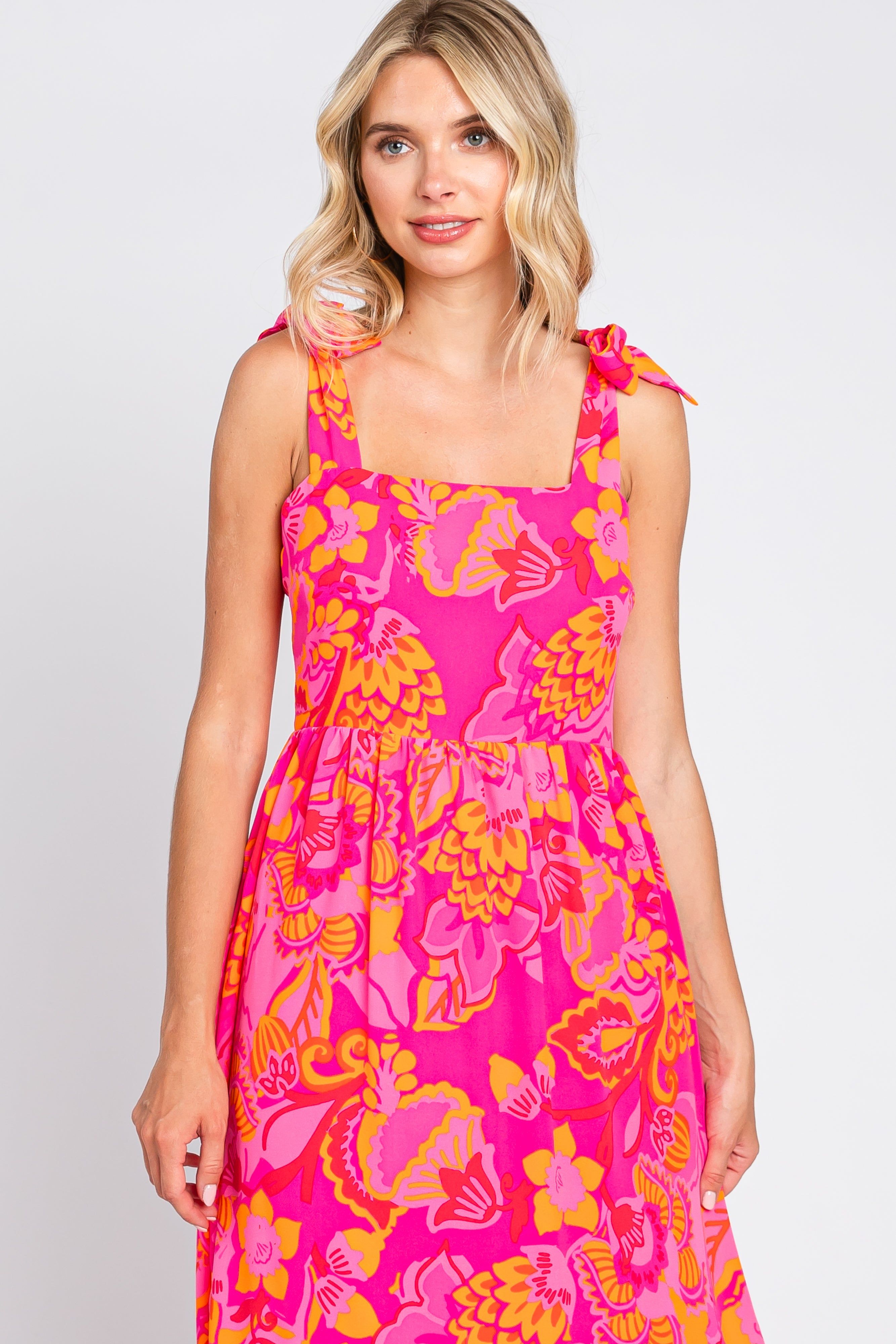 Orange Floral Shoulder Tie Midi Dress sold by Pinkblush product image thumbnail 4