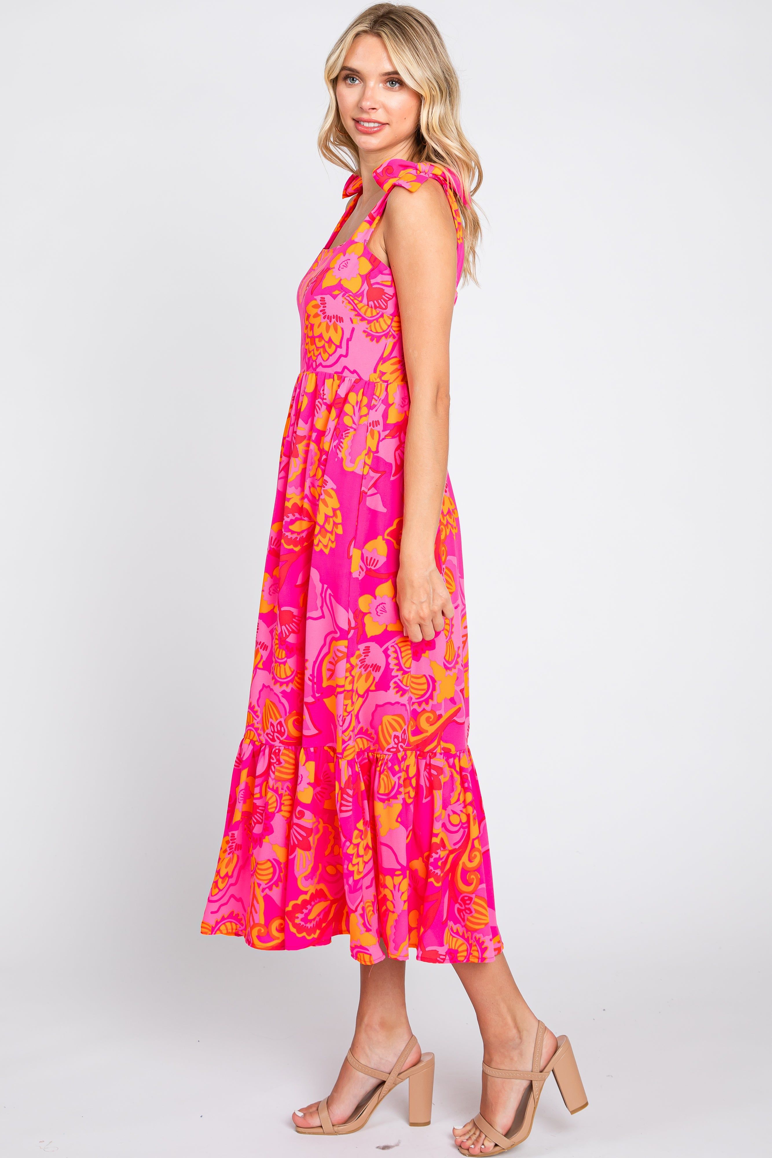 Orange Floral Shoulder Tie Midi Dress sold by Pinkblush product image thumbnail 2