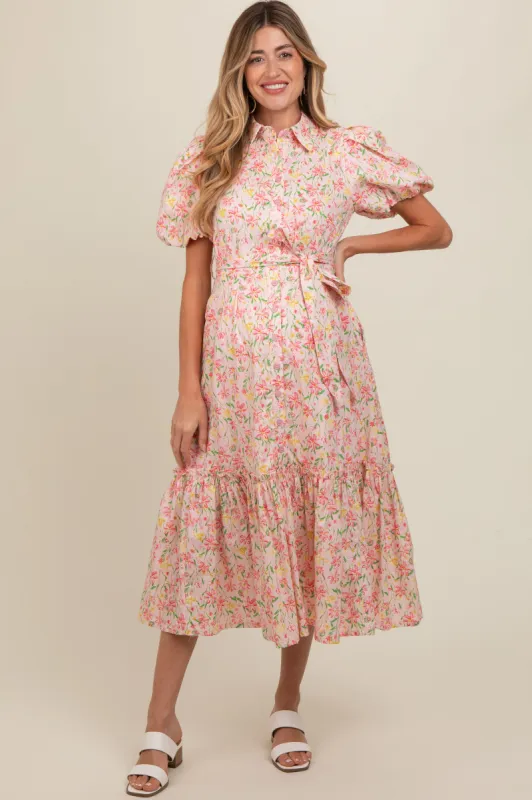 Pink Floral Puff Sleeve Button Down Maternity Midi Dress sold by Pinkblush