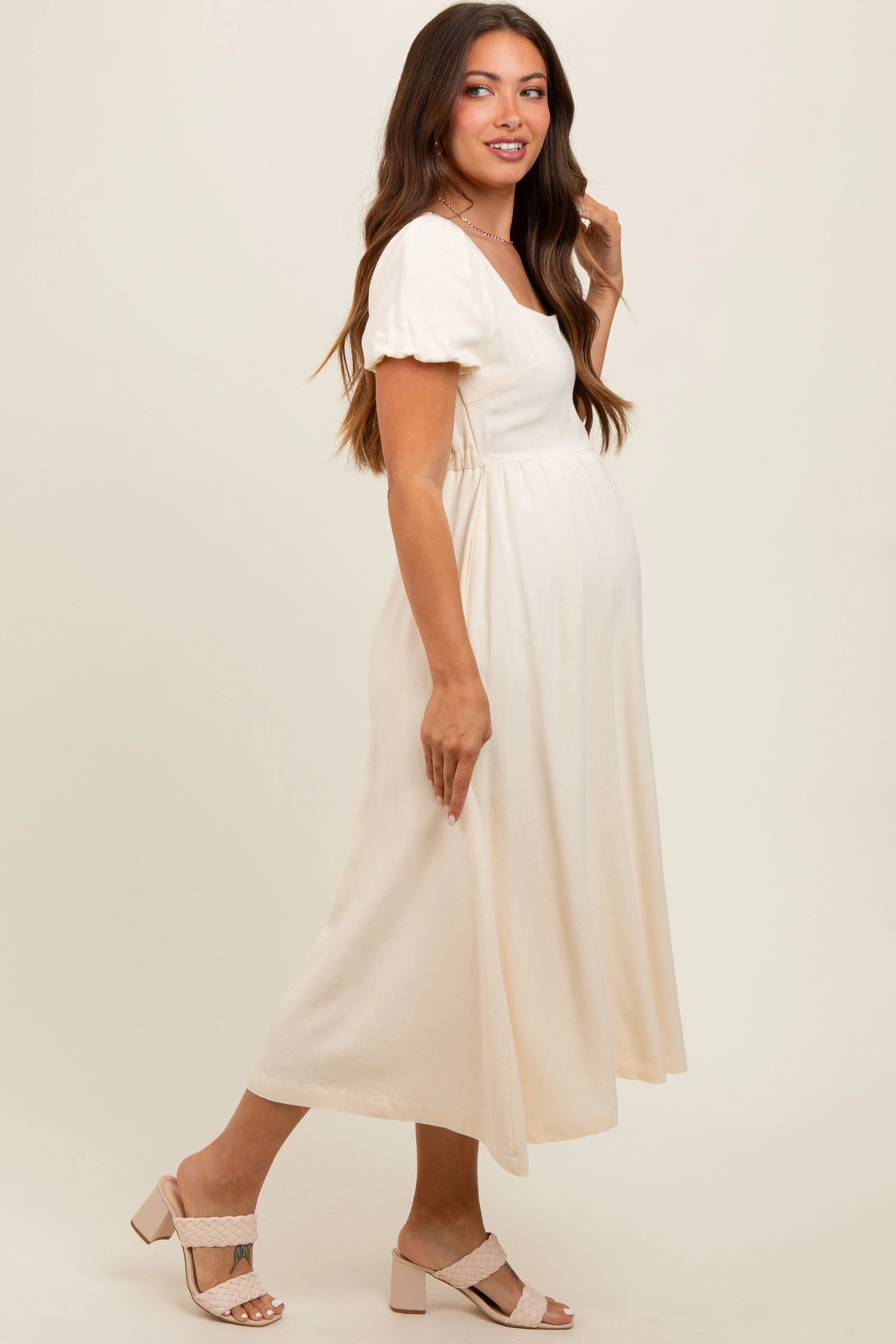 Ivory Puff Sleeve Linen Maternity Midi Dress sold by Pinkblush product image thumbnail 3