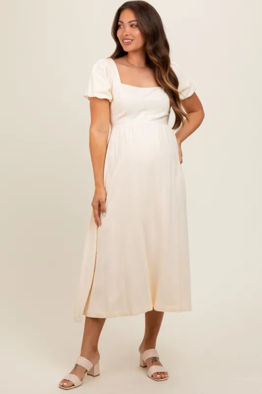 Ivory Puff Sleeve Linen Maternity Midi Dress sold by Pinkblush