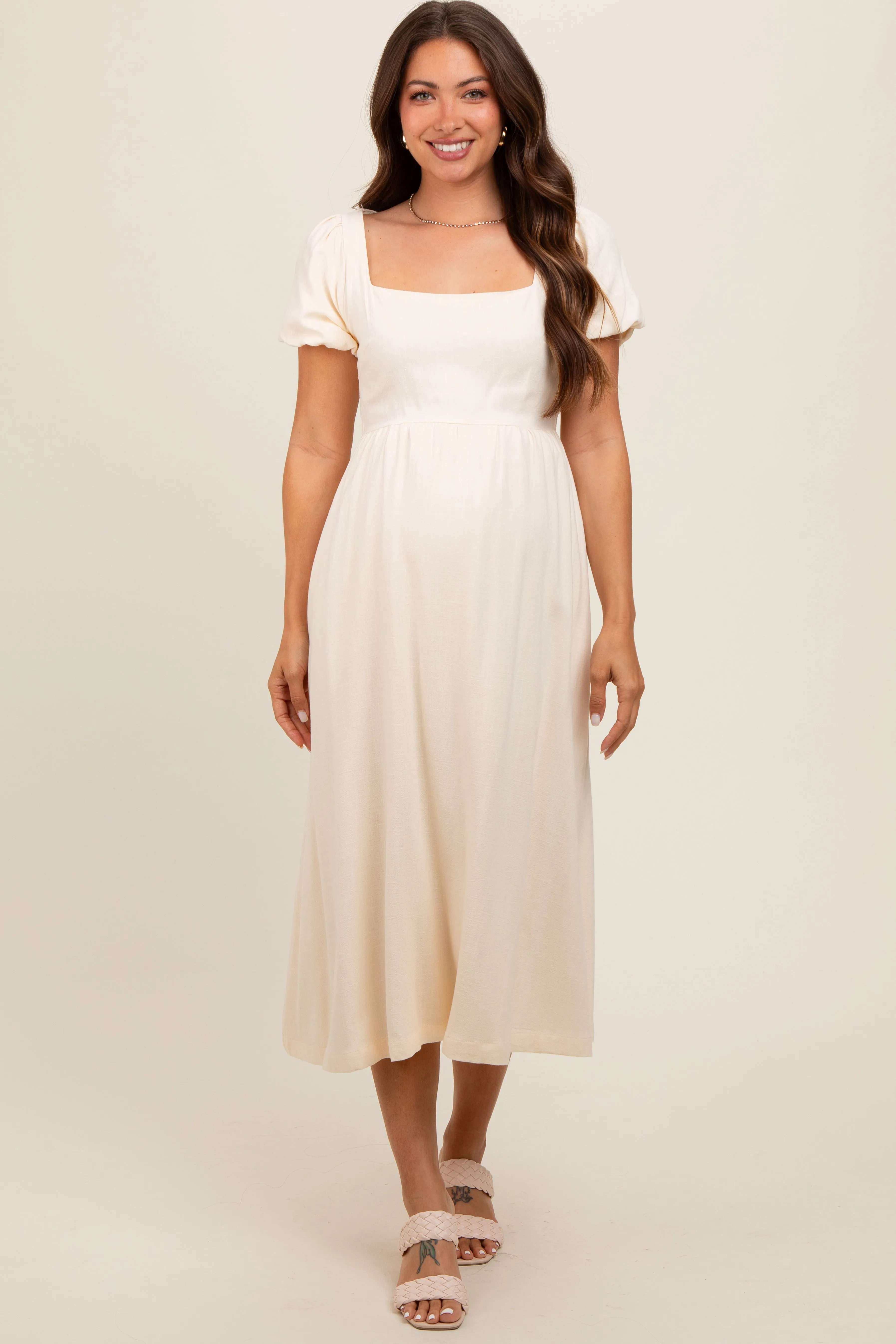 Ivory Puff Sleeve Linen Maternity Midi Dress sold by Pinkblush product image thumbnail 2