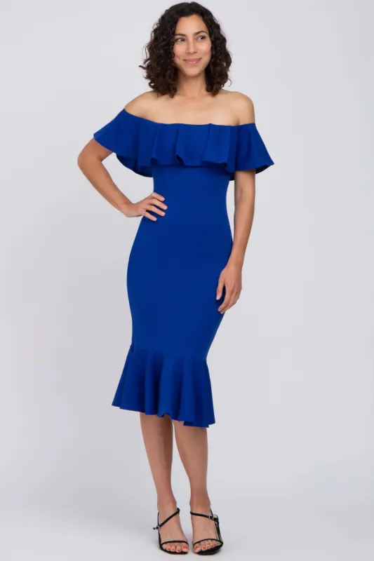 Royal Blue Ruffle Off Shoulder Mermaid Hem Dress sold by Pinkblush