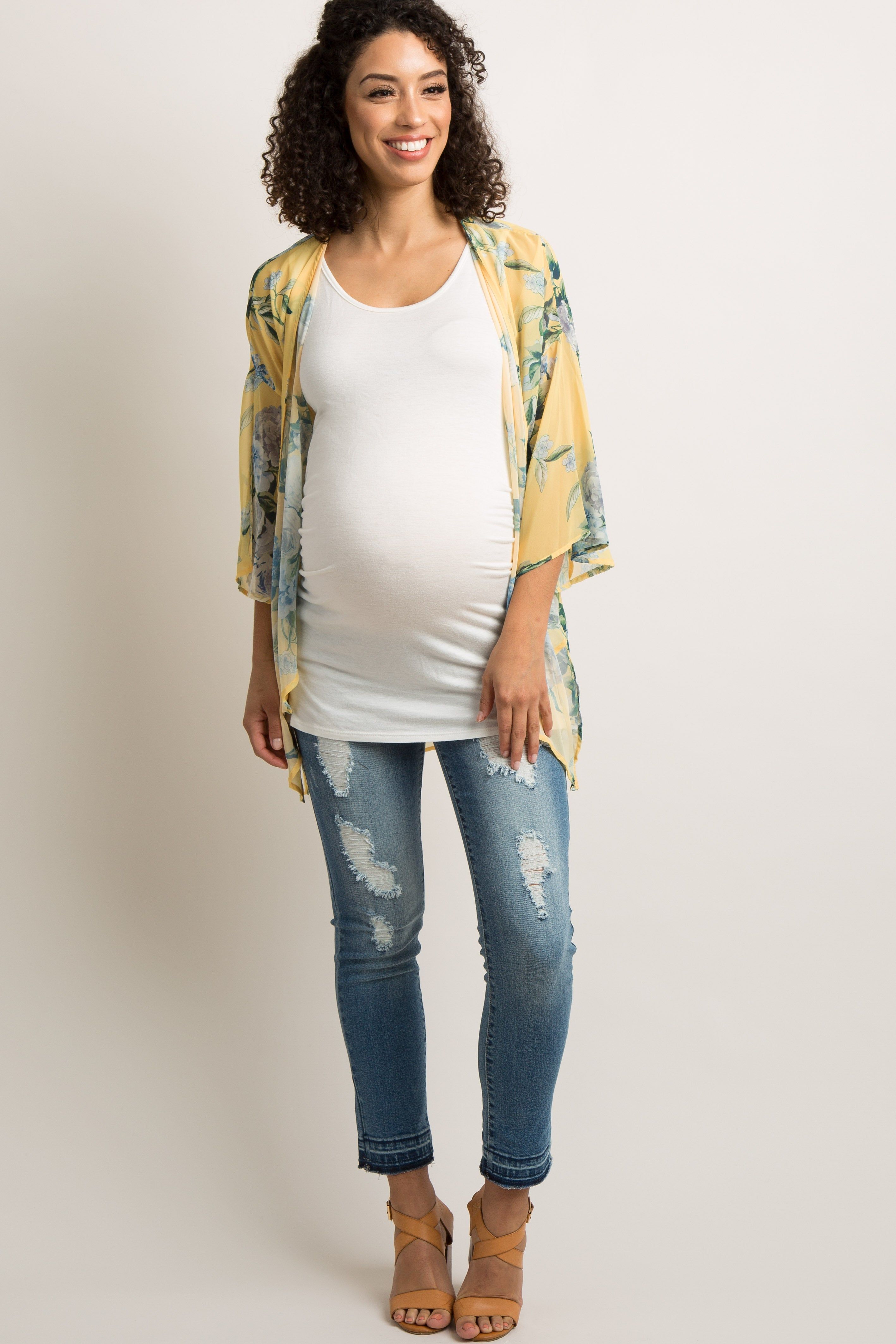 PinkBlush Yellow Floral Chiffon Bell Sleeve Maternity Cover Up sold by Pinkblush