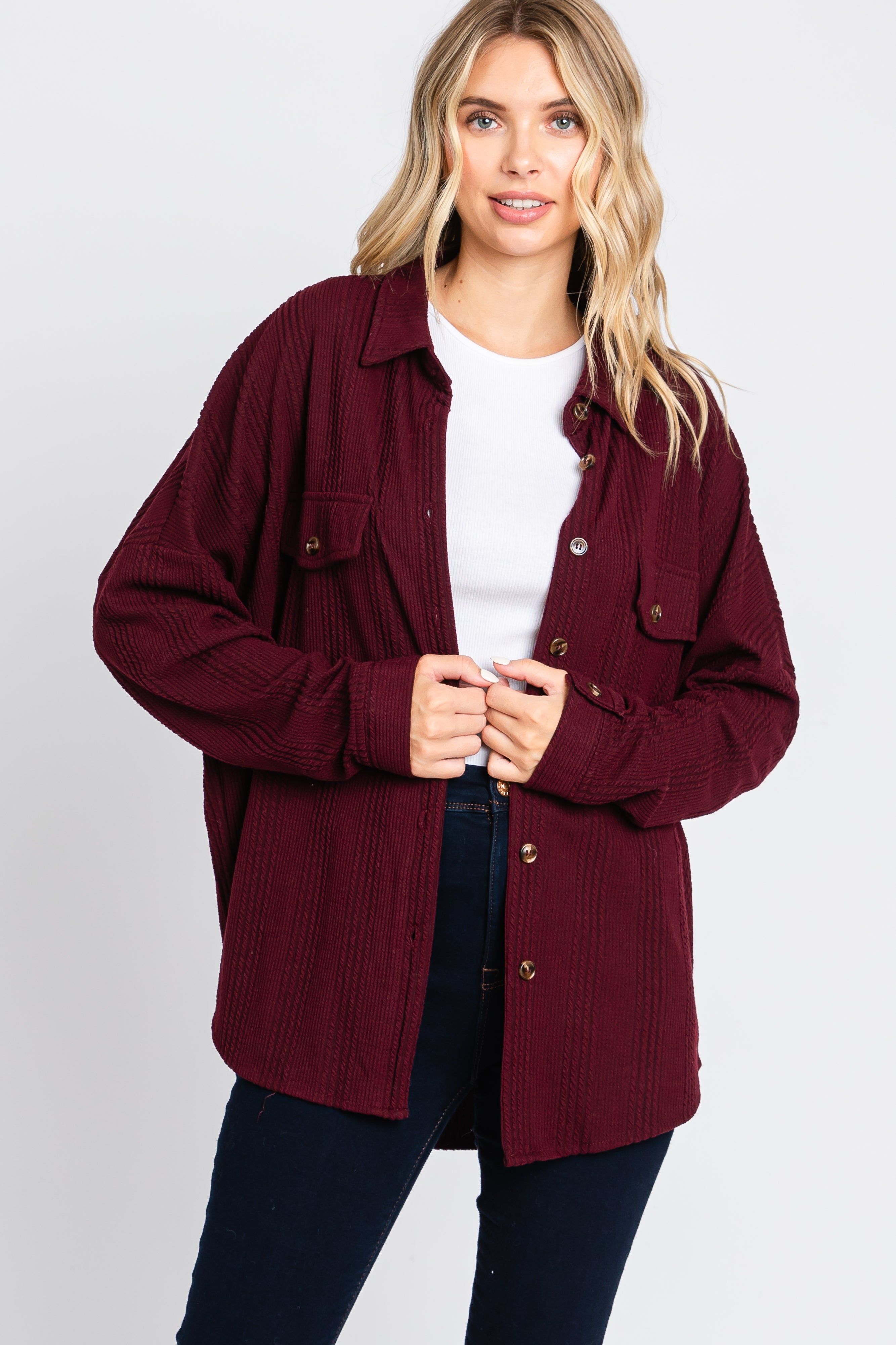 Plum Textured Button Front Collared Top sold by Pinkblush