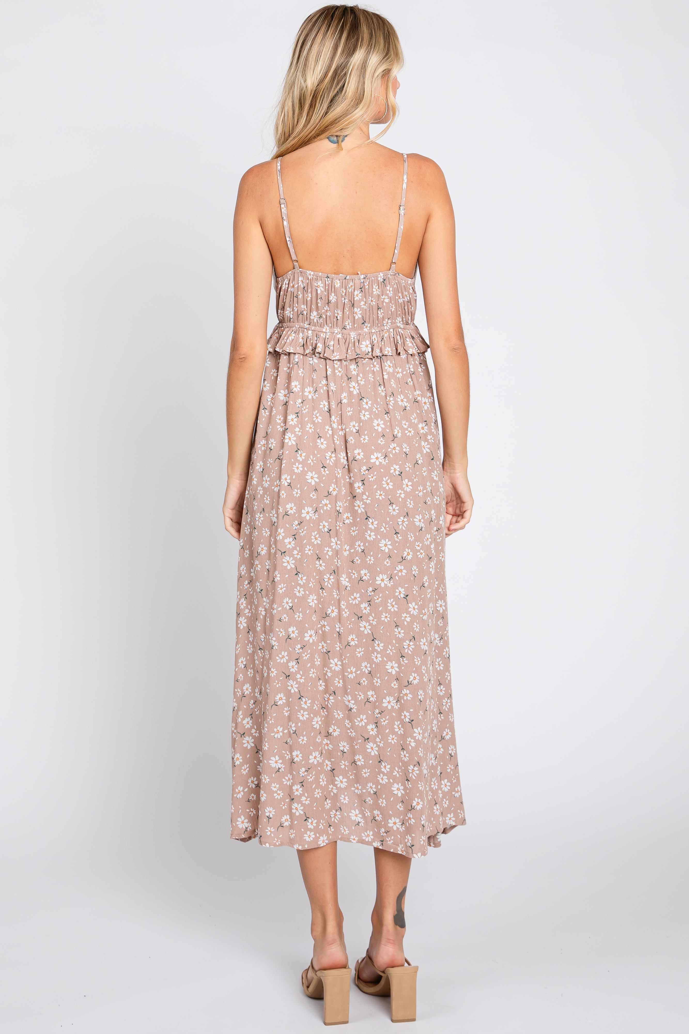 Mocha Daisy Floral Front Tie Ruffle Waist Midi Dress sold by Pinkblush product image thumbnail 3