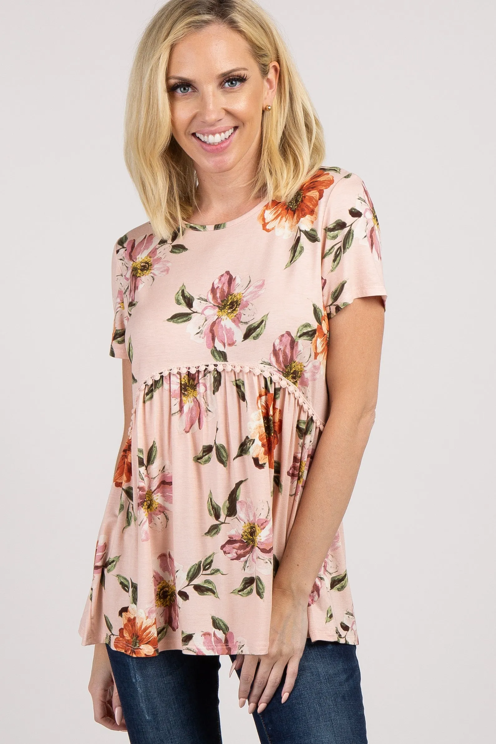 PinkBlush Peach Floral Crochet Short Sleeve Top sold by Pinkblush