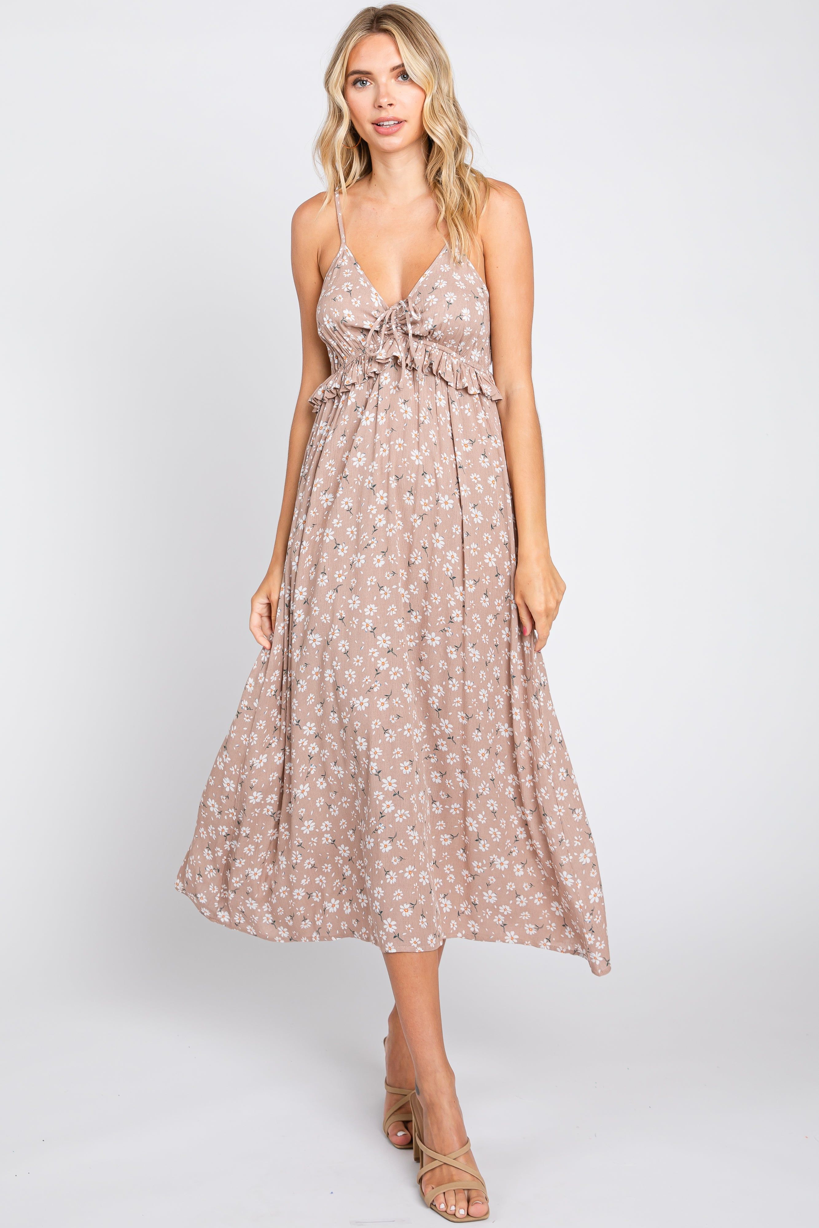 Mocha Daisy Floral Front Tie Ruffle Waist Midi Dress sold by Pinkblush