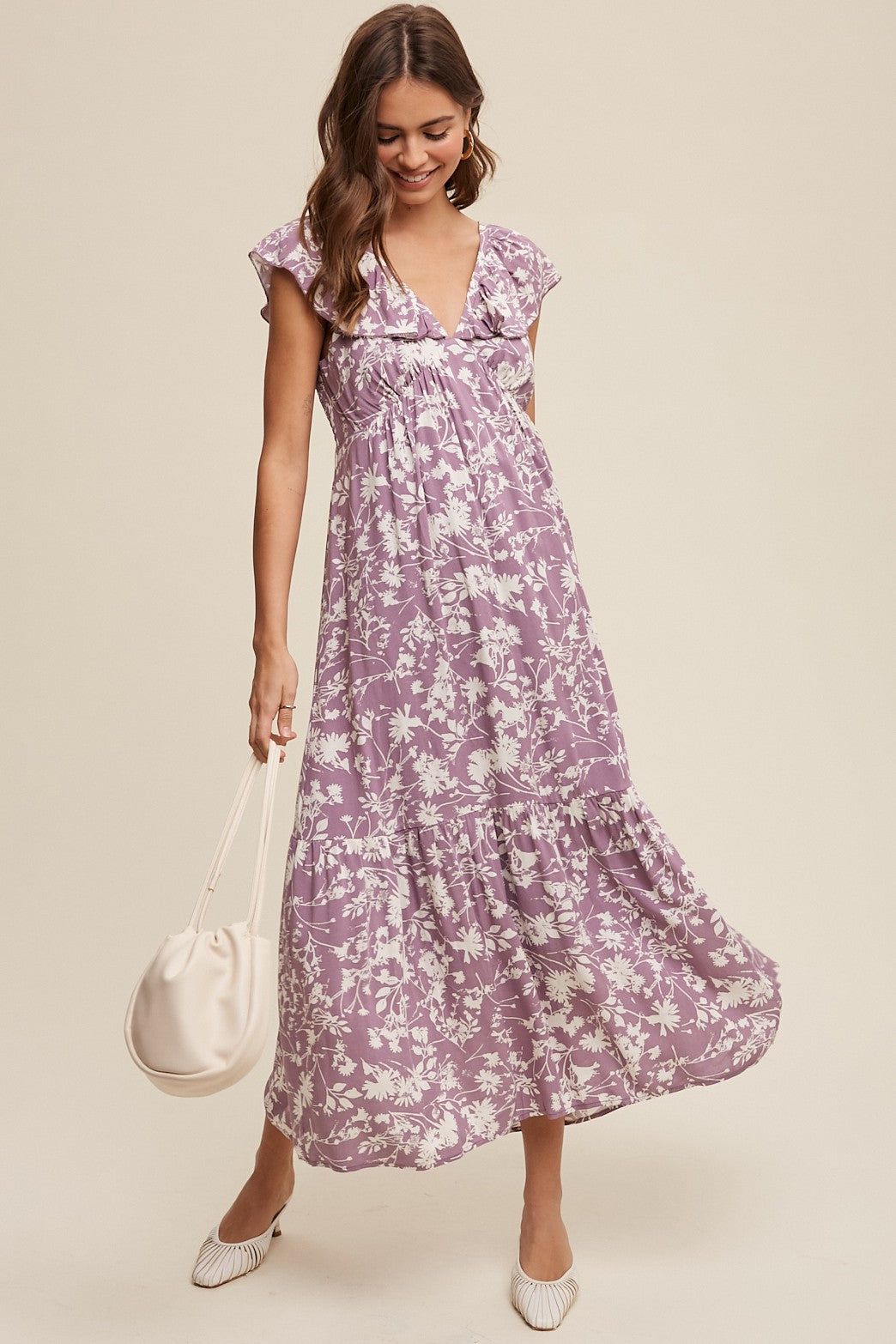 Lavender Floral Ruffle Midi Dress sold by Pinkblush