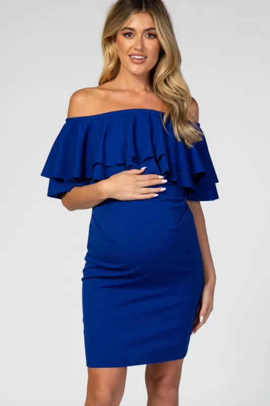 PinkBlush Blue Double Layer Ruffle Off Shoulder Maternity Dress sold by Pinkblush