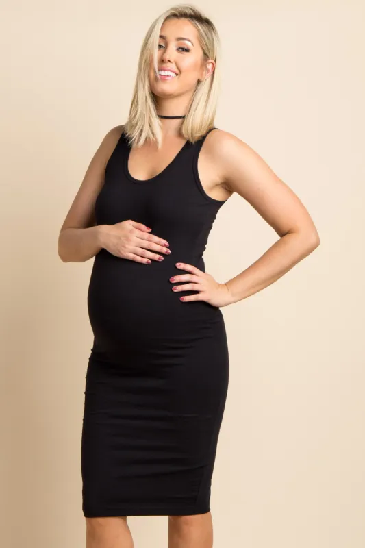 Black Solid Sleeveless Fitted Maternity Bodycon Dress sold by Pinkblush
