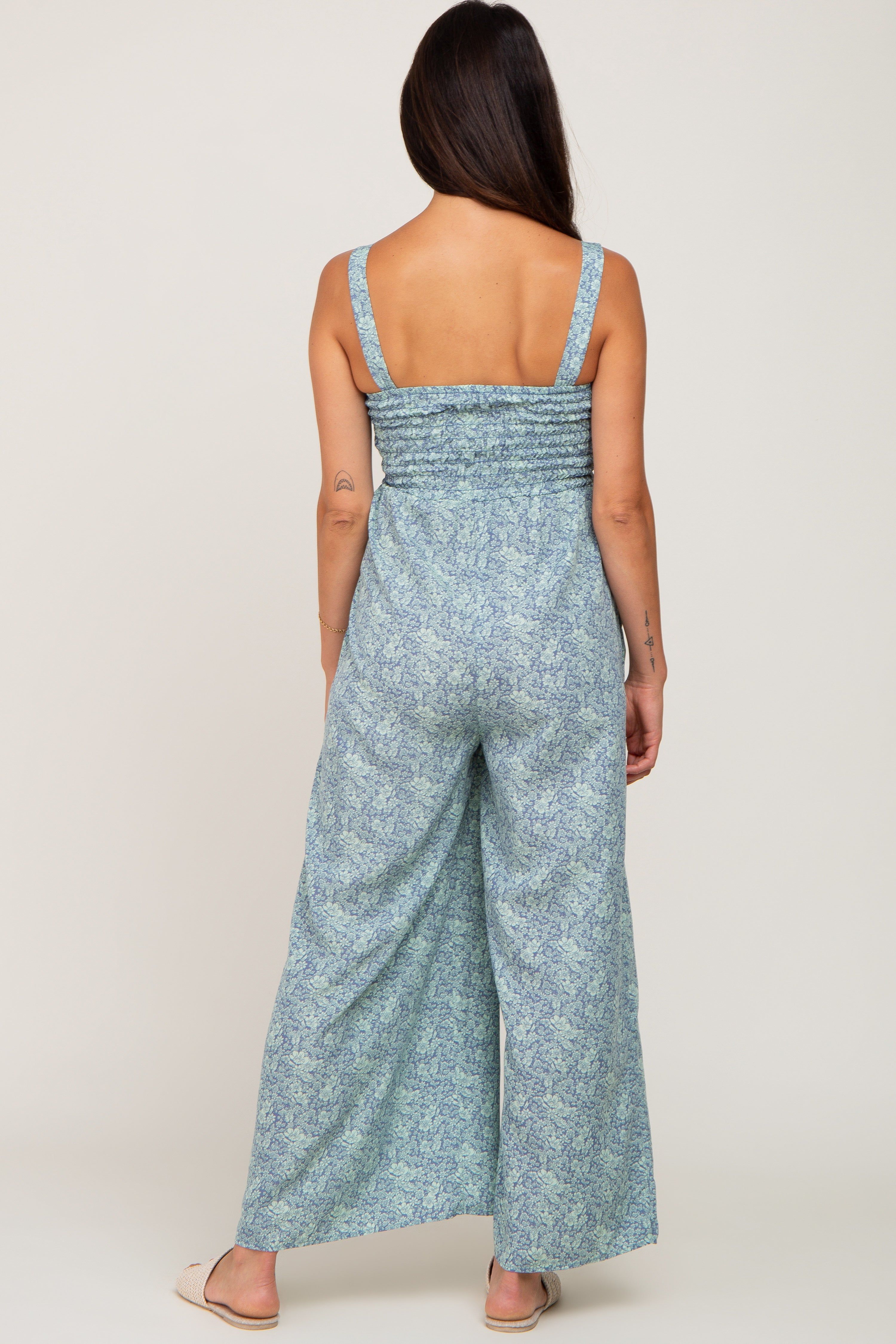 Blue Floral Smocked Square Neck Jumpsuit sold by Pinkblush product image thumbnail 3