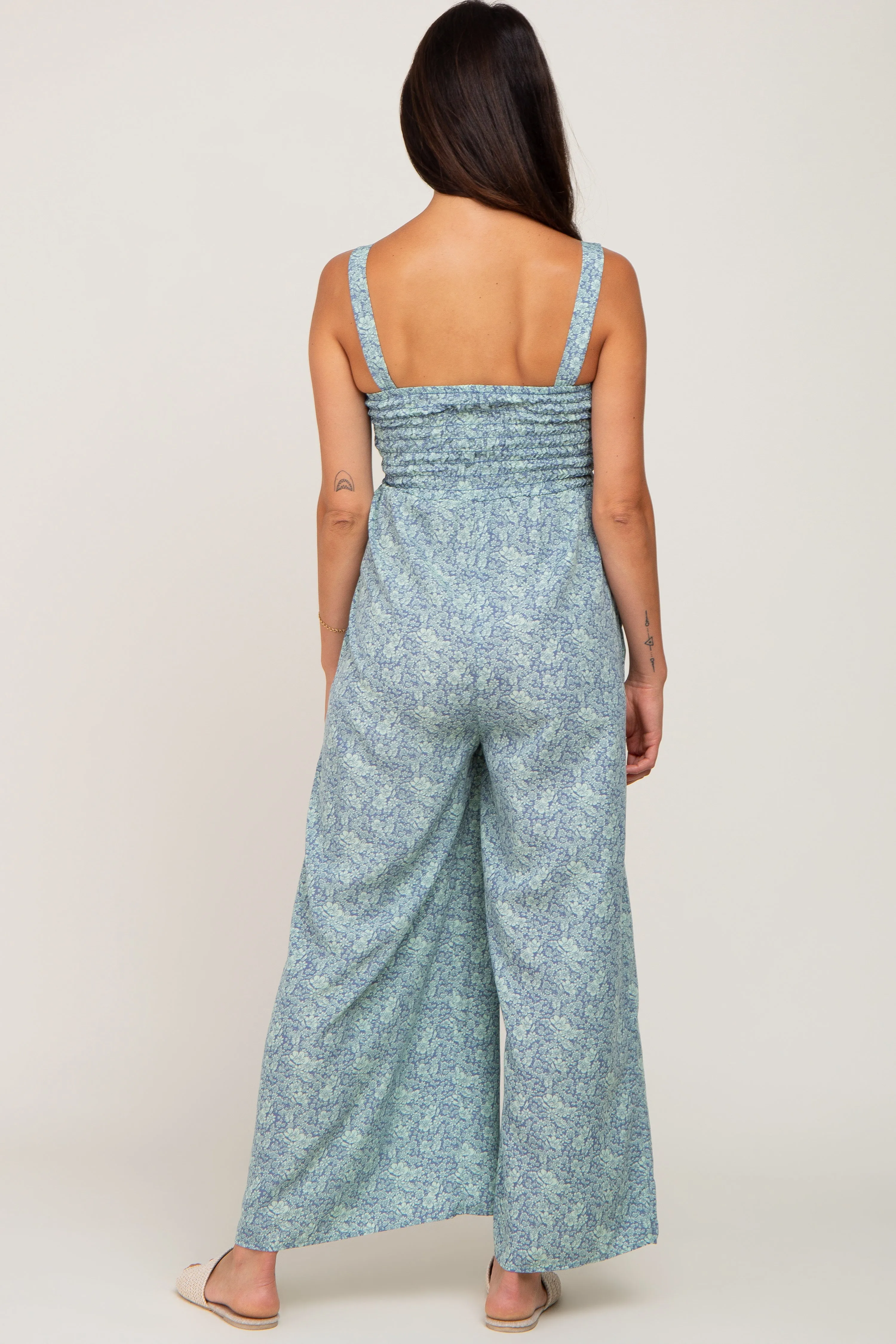 Blue Floral Smocked Square Neck Jumpsuit sold by Pinkblush product image thumbnail 3