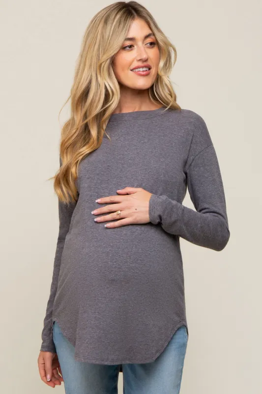 Charcoal Long Sleeve Curved Hem Maternity Top sold by Pinkblush