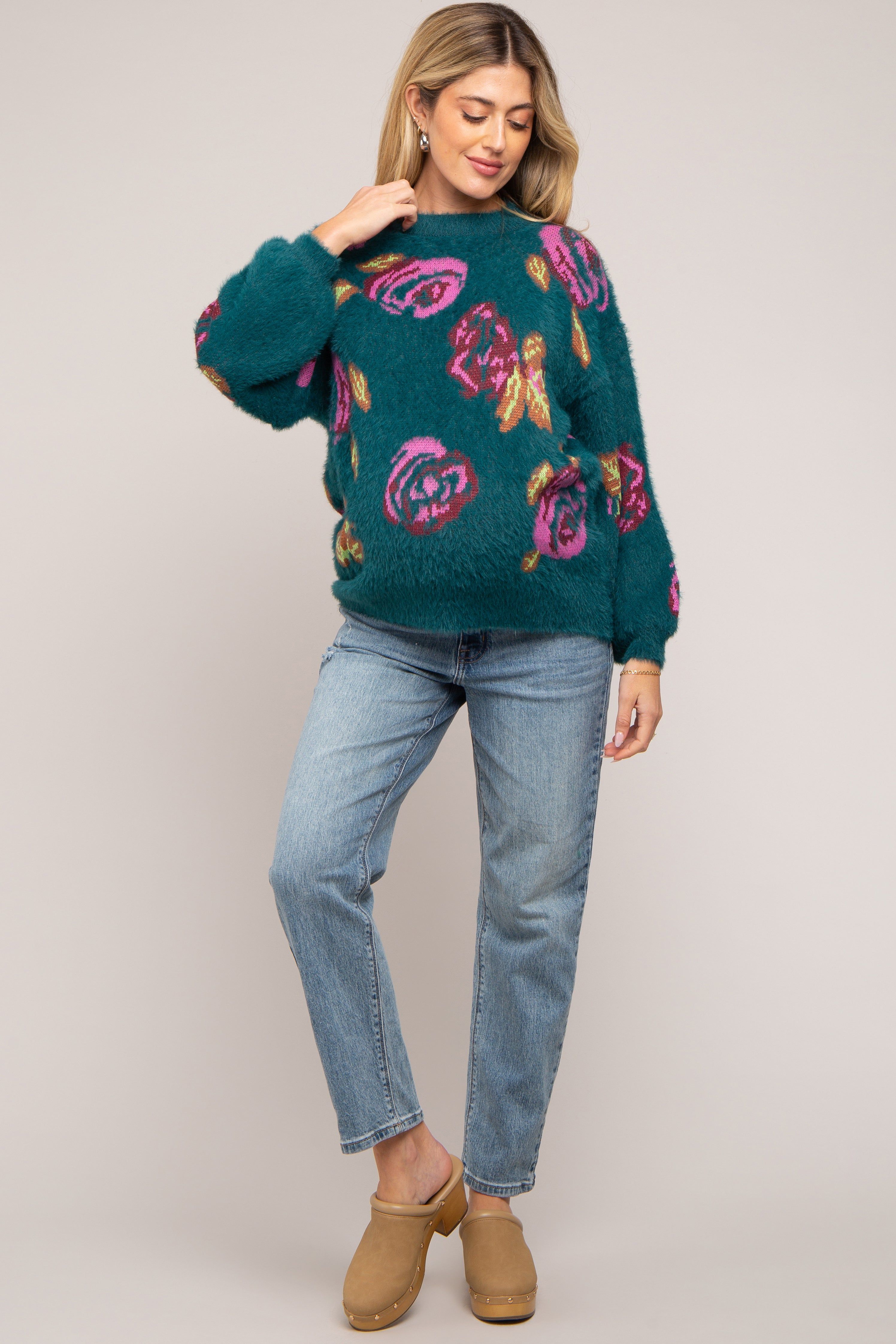 Dark Teal Floral Fuzzy Knit Maternity Sweater sold by Pinkblush product image thumbnail 5