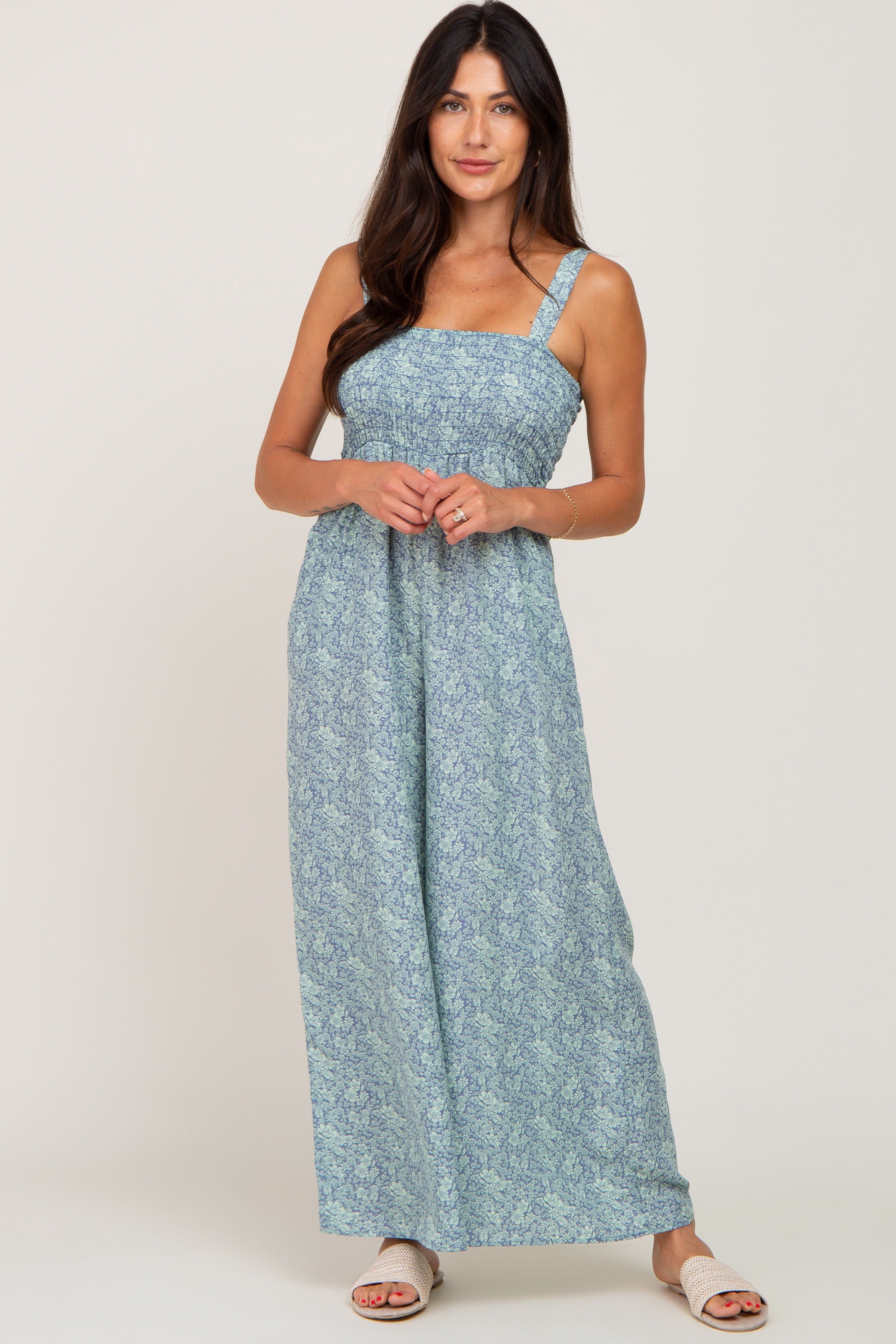 Blue Floral Smocked Square Neck Jumpsuit sold by Pinkblush product image thumbnail 4