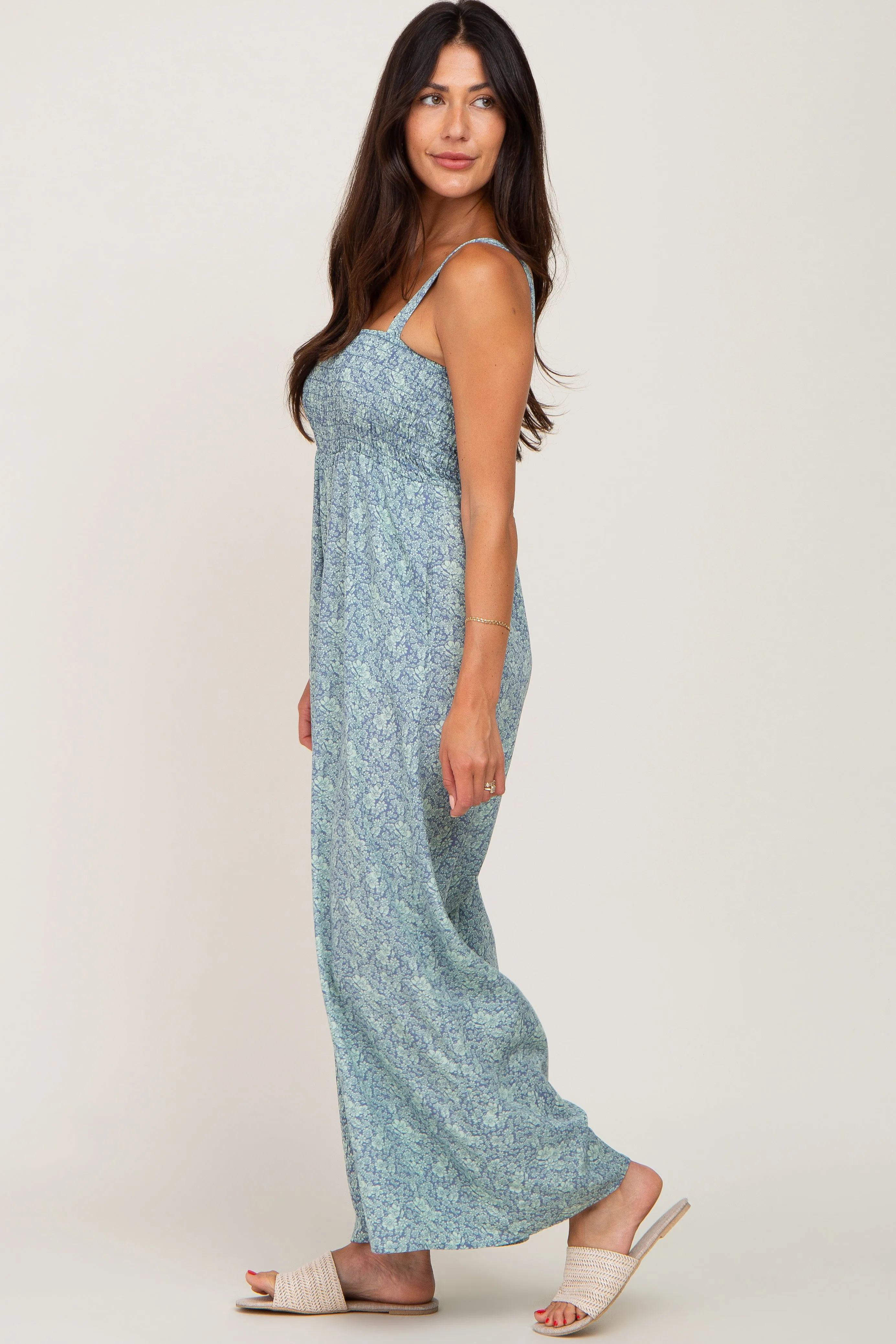 Blue Floral Smocked Square Neck Jumpsuit sold by Pinkblush product image thumbnail 2