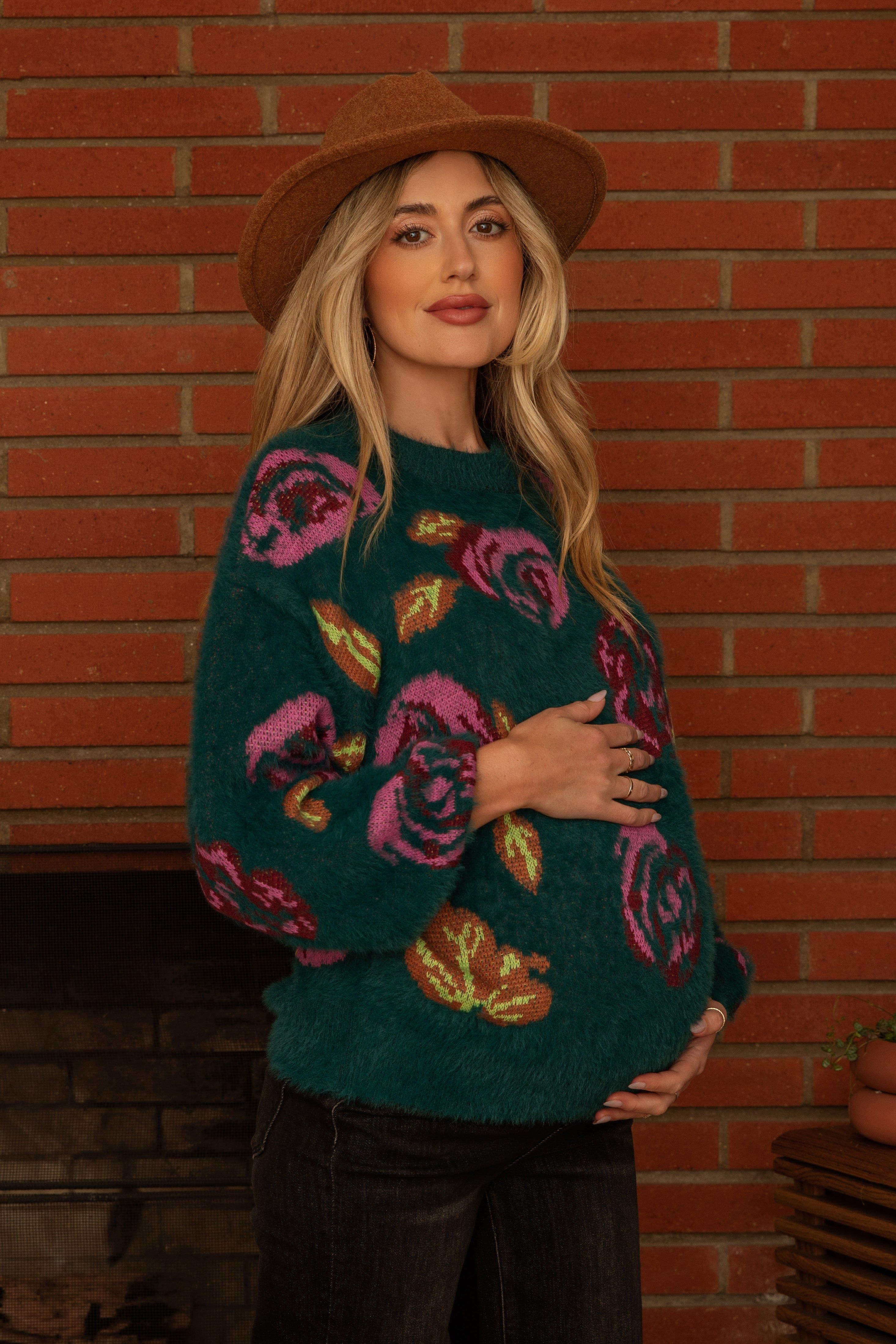 Dark Teal Floral Fuzzy Knit Maternity Sweater sold by Pinkblush product image thumbnail 6