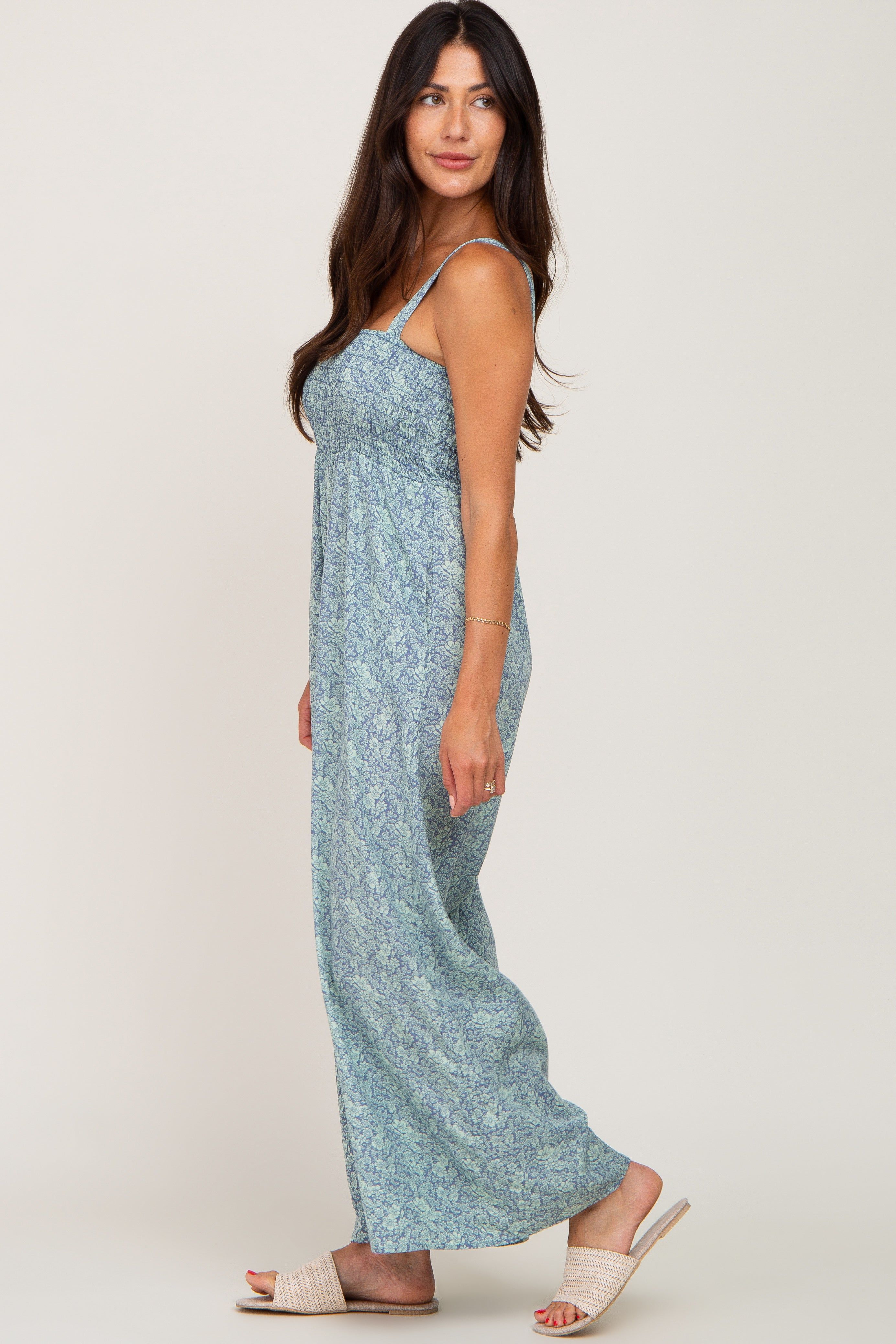 Blue Floral Smocked Square Neck Jumpsuit sold by Pinkblush product image thumbnail 2