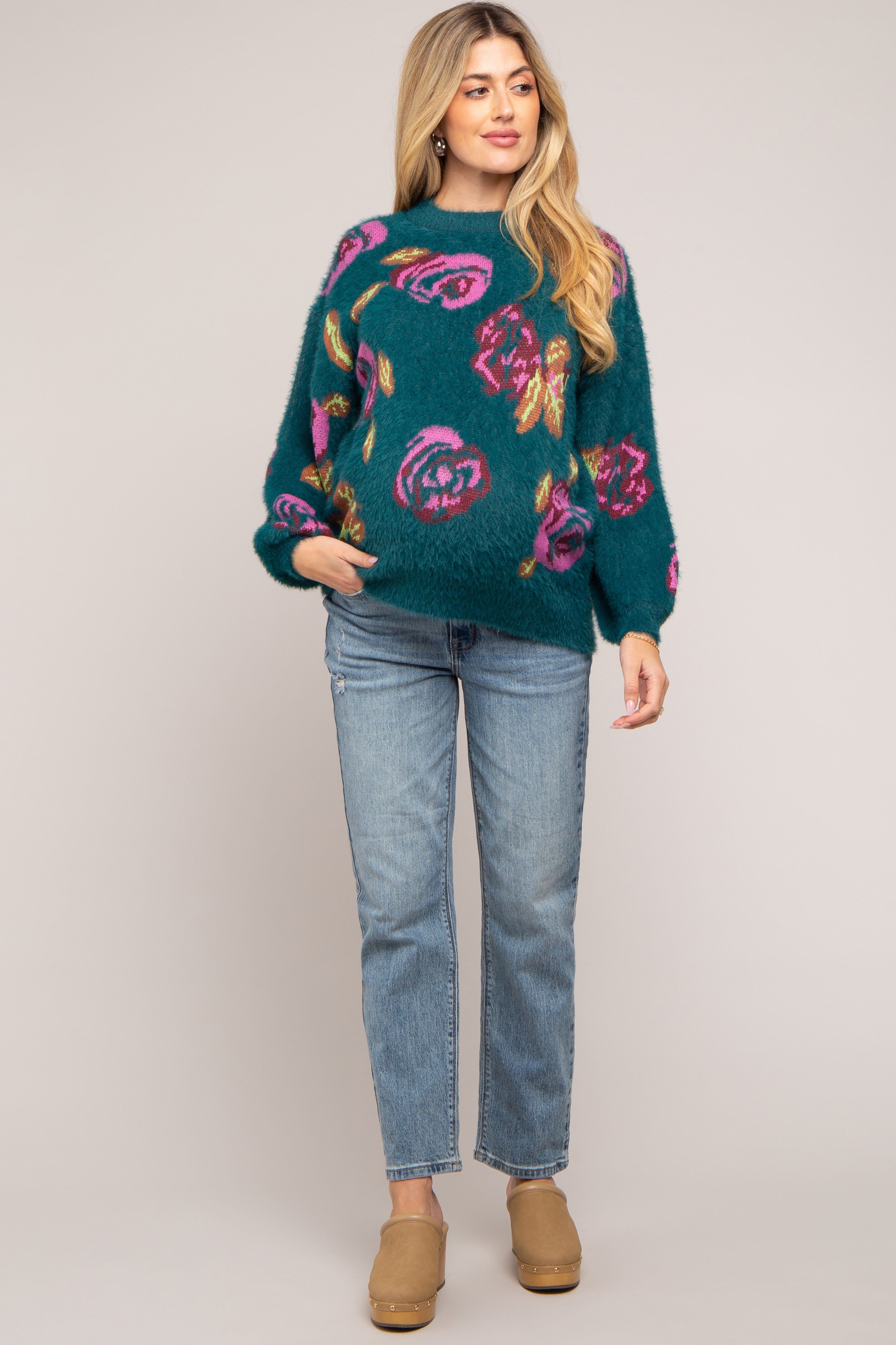 Dark Teal Floral Fuzzy Knit Maternity Sweater sold by Pinkblush product image thumbnail 4