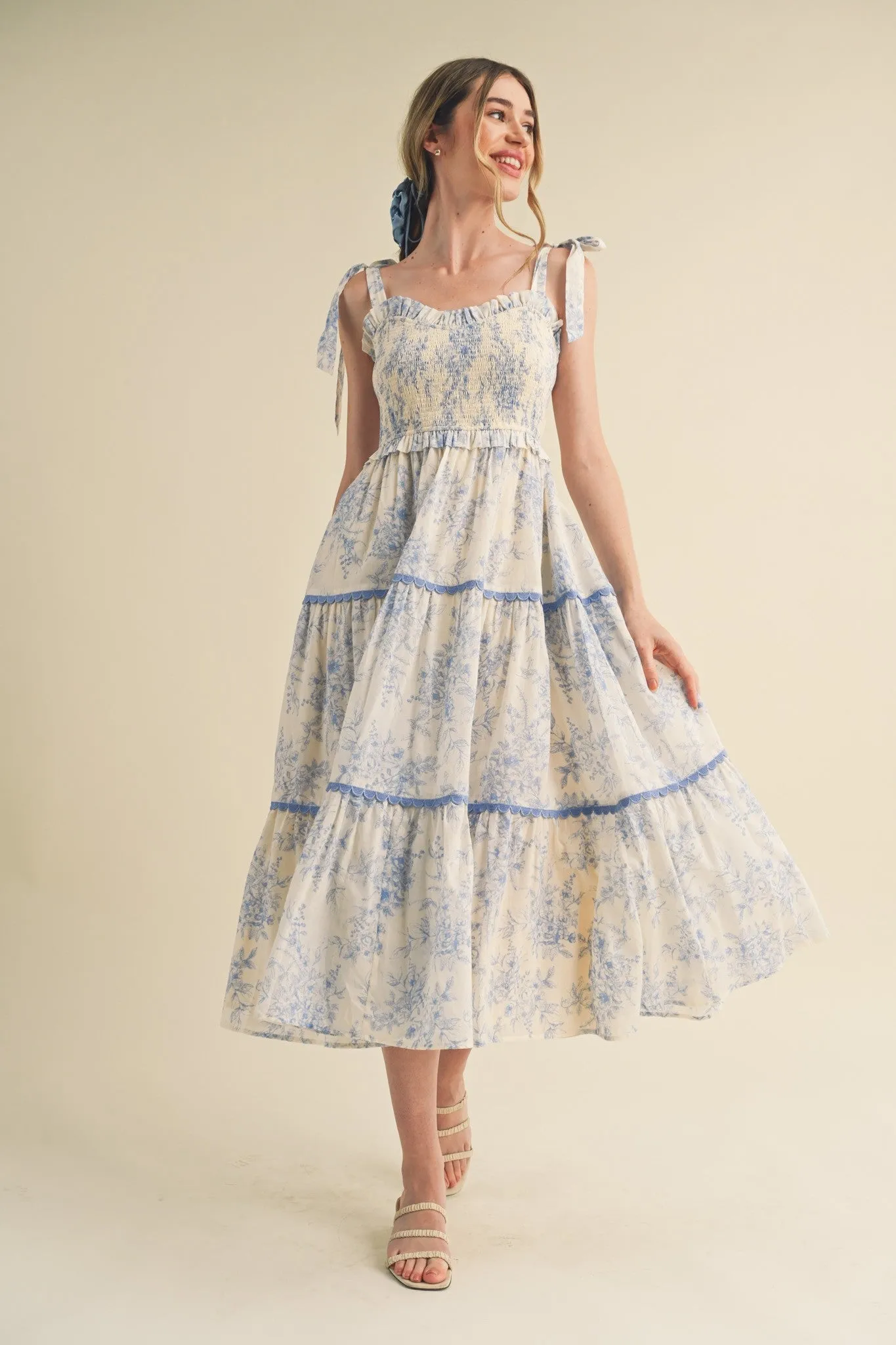 Light Blue Floral Sleeveless Ruffle Tiered Midi Dress sold by Pinkblush product image thumbnail 3
