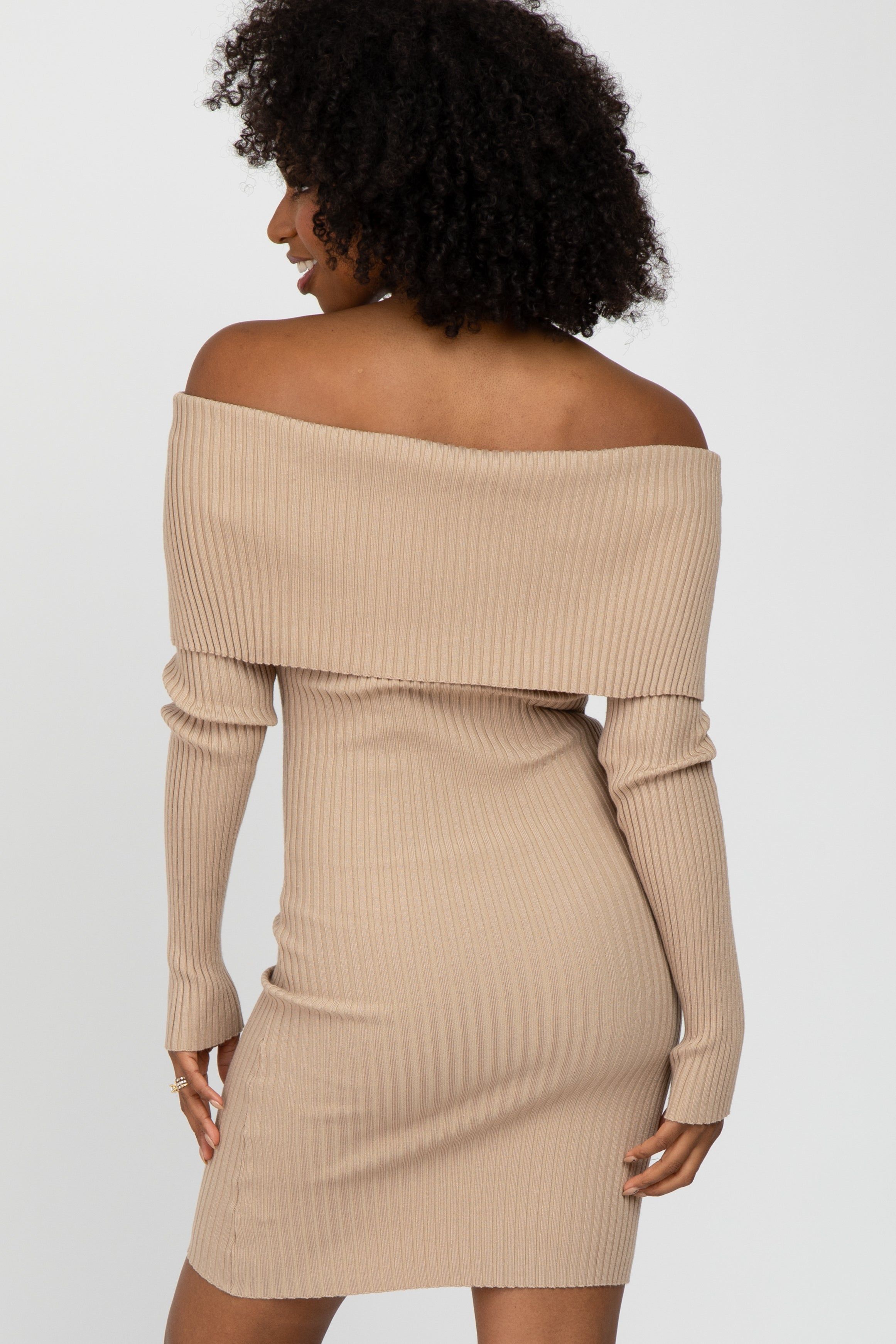 Taupe Ribbed Off Shoulder Fitted Sweater Dress sold by Pinkblush product image thumbnail 4