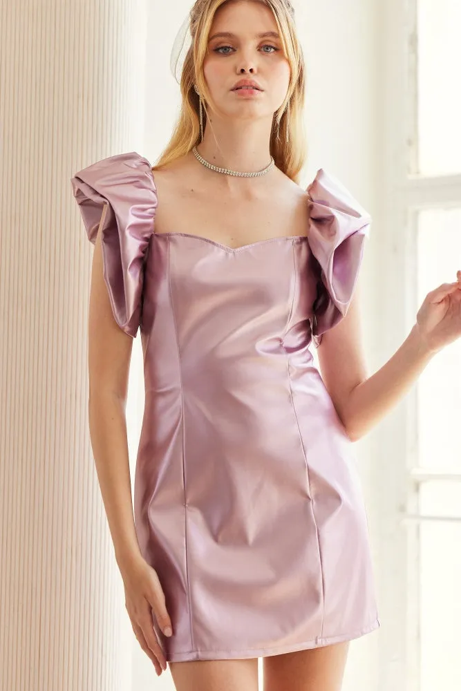 Metallic Pink Mini Dress With Puff Sleeves And Back Tie sold by Pinkblush
