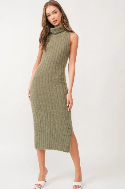 Olive Fuzzy Knit Sleeveless Turtle Neck Midi Dress sold by Pinkblush