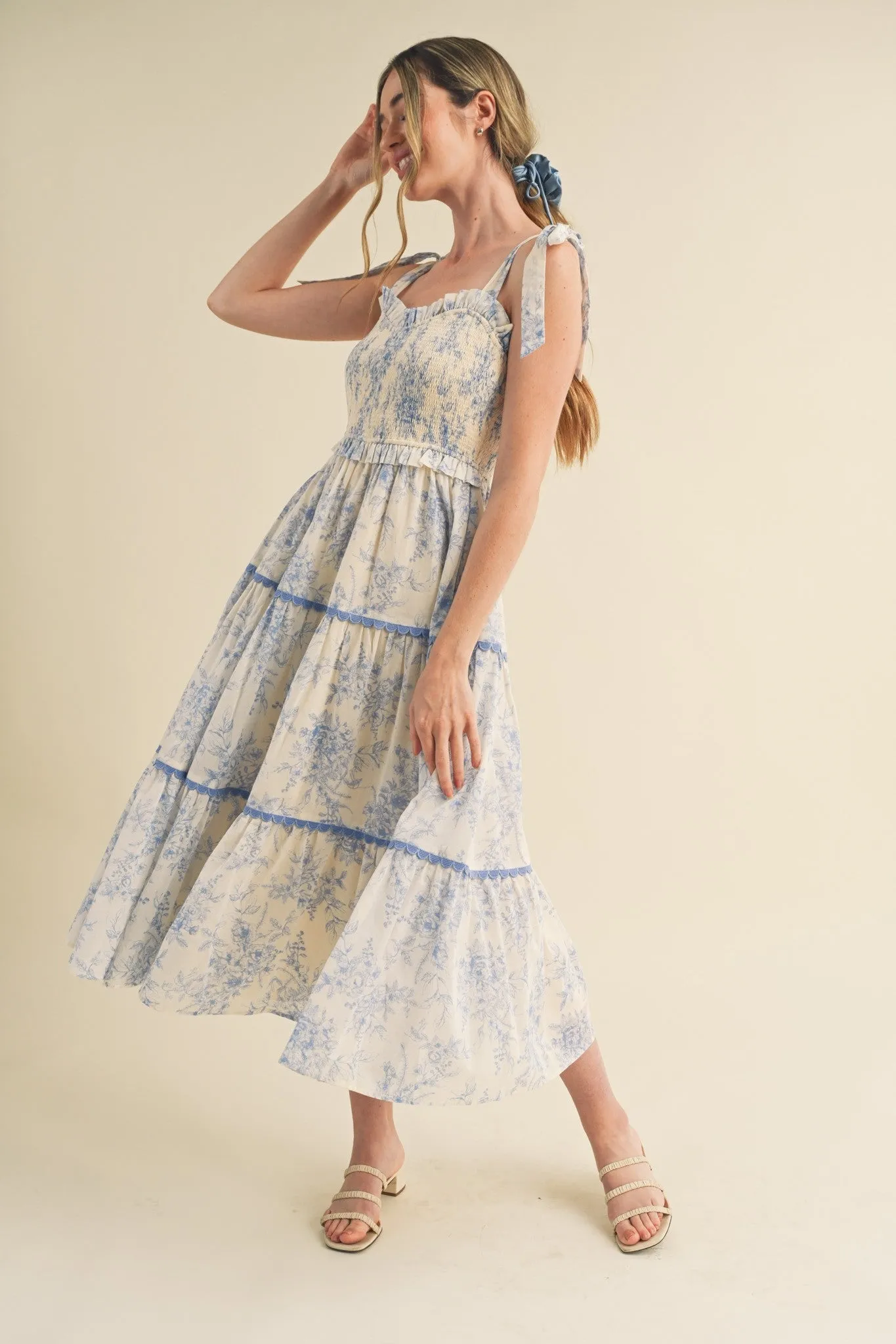 Light Blue Floral Sleeveless Ruffle Tiered Midi Dress sold by Pinkblush
