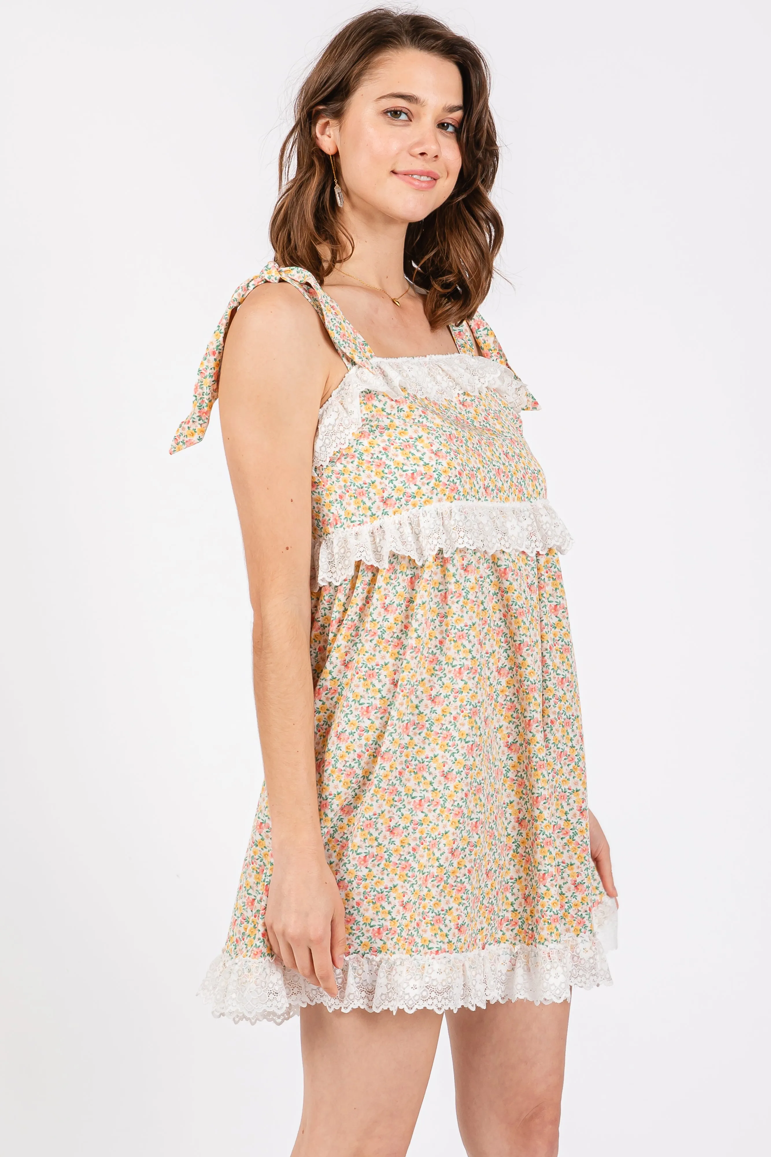 Cream Floral Square Neck Shoulder Tie Lace Trim Dress sold by Pinkblush product image thumbnail 2