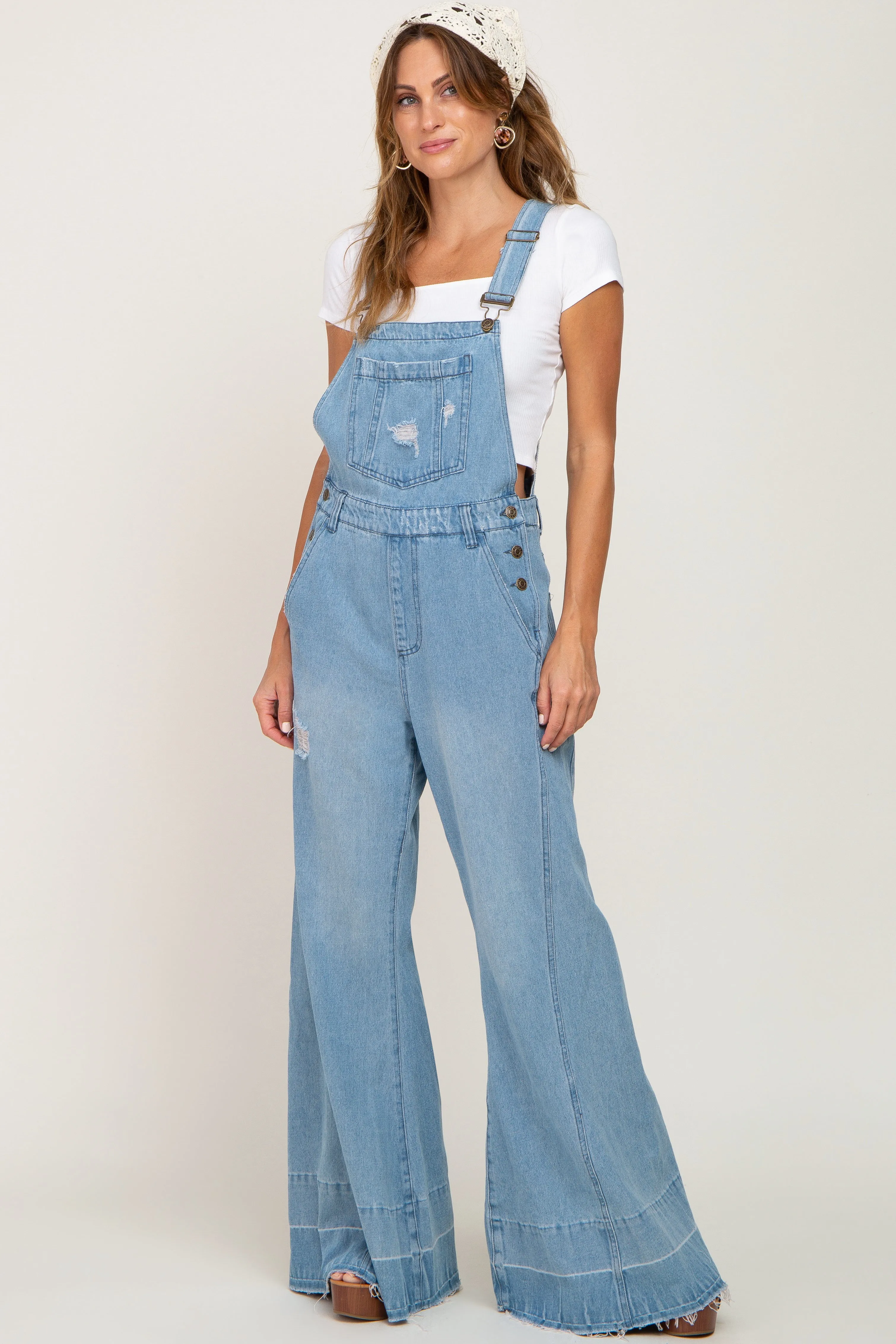 Blue Light Wash Denim Distressed Wide Leg Overalls sold by Pinkblush product image thumbnail 4