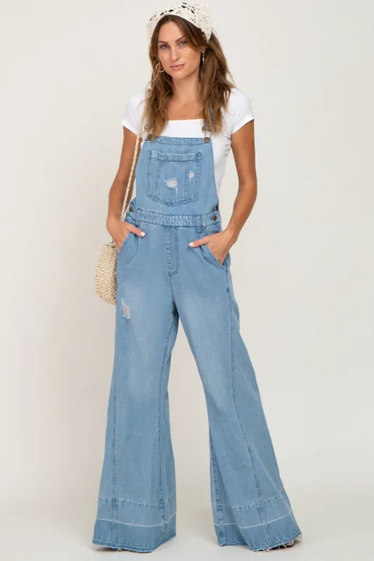Blue Light Wash Denim Distressed Wide Leg Overalls sold by Pinkblush