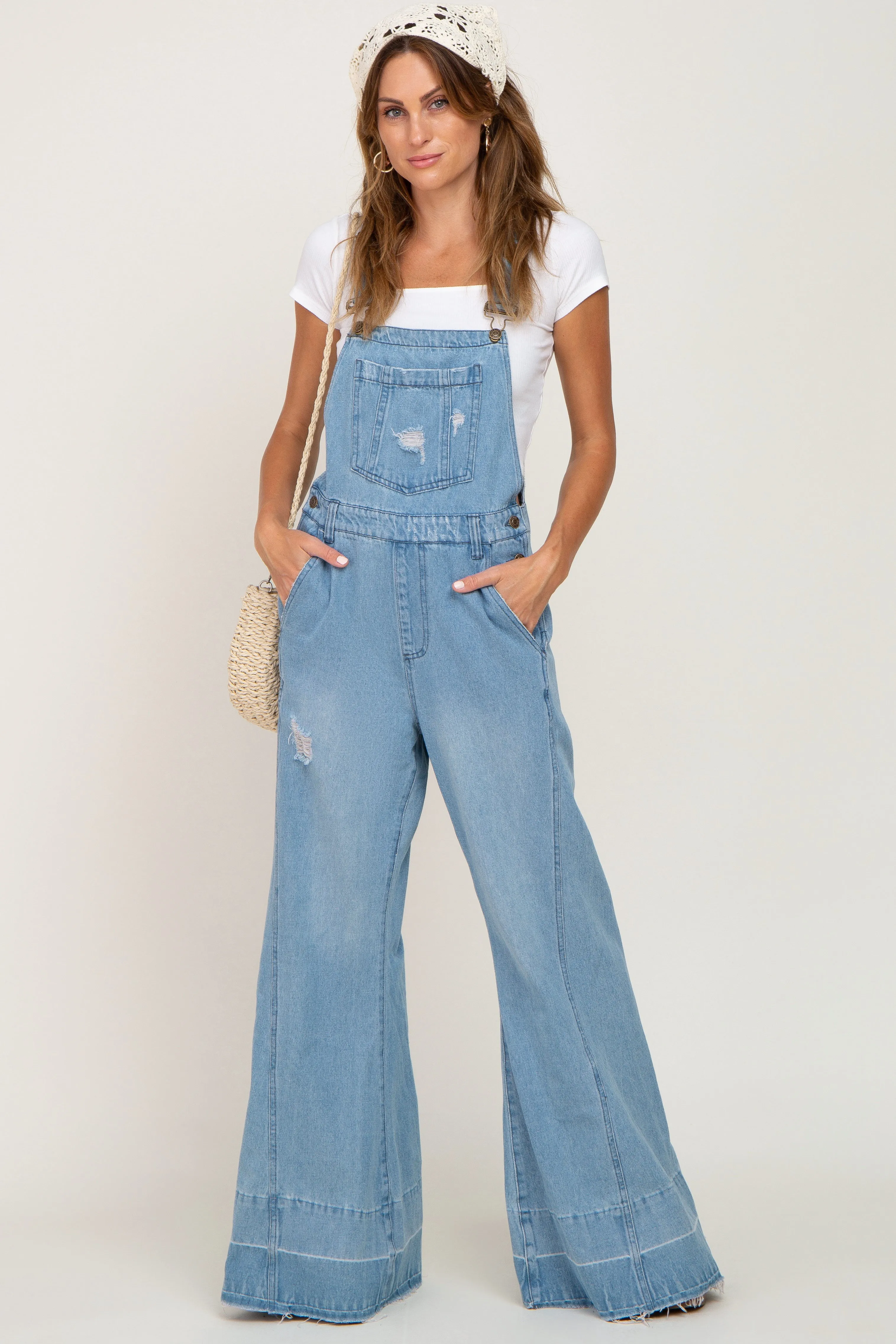 Blue Light Wash Denim Distressed Wide Leg Overalls sold by Pinkblush