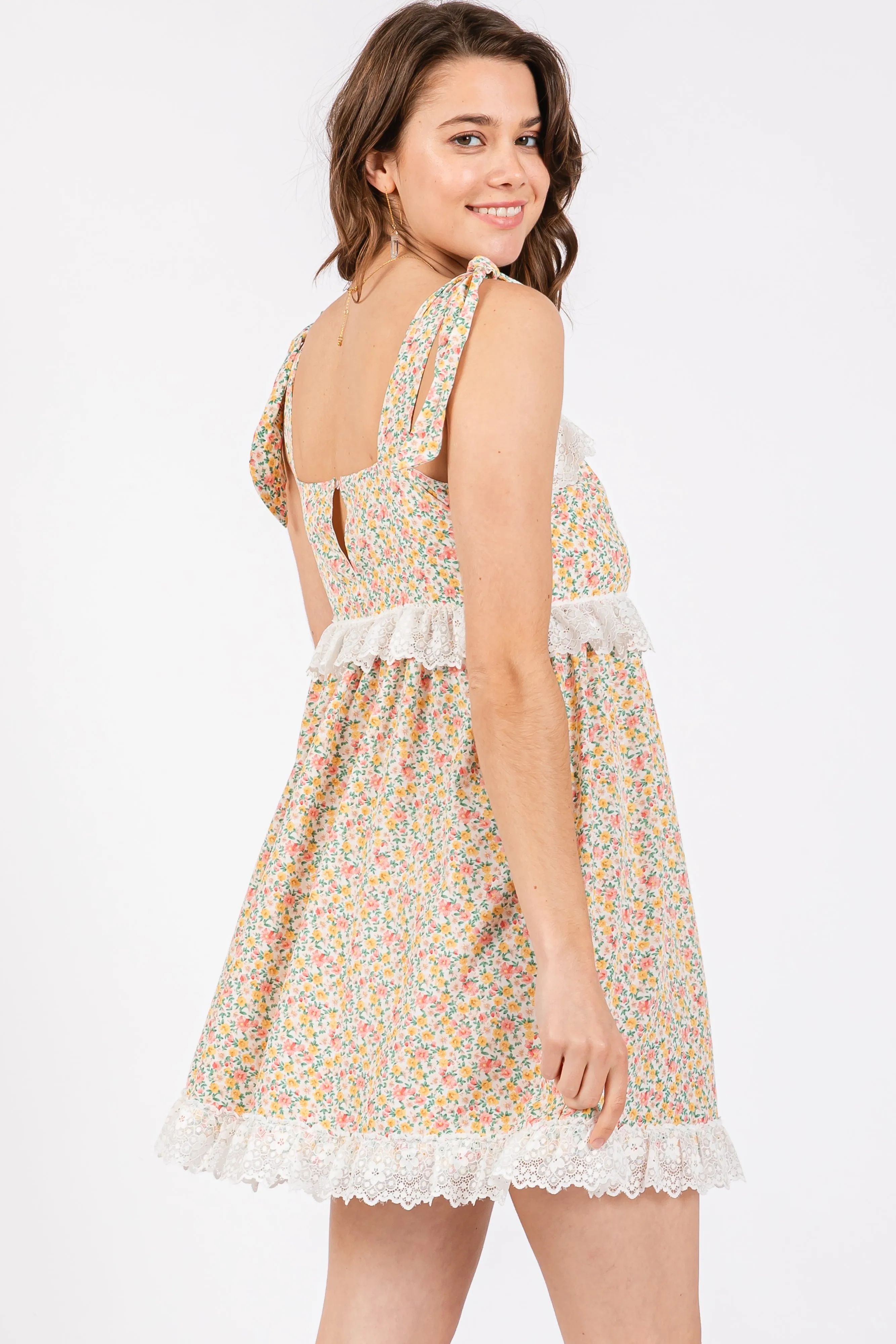 Cream Floral Square Neck Shoulder Tie Lace Trim Dress sold by Pinkblush product image thumbnail 3