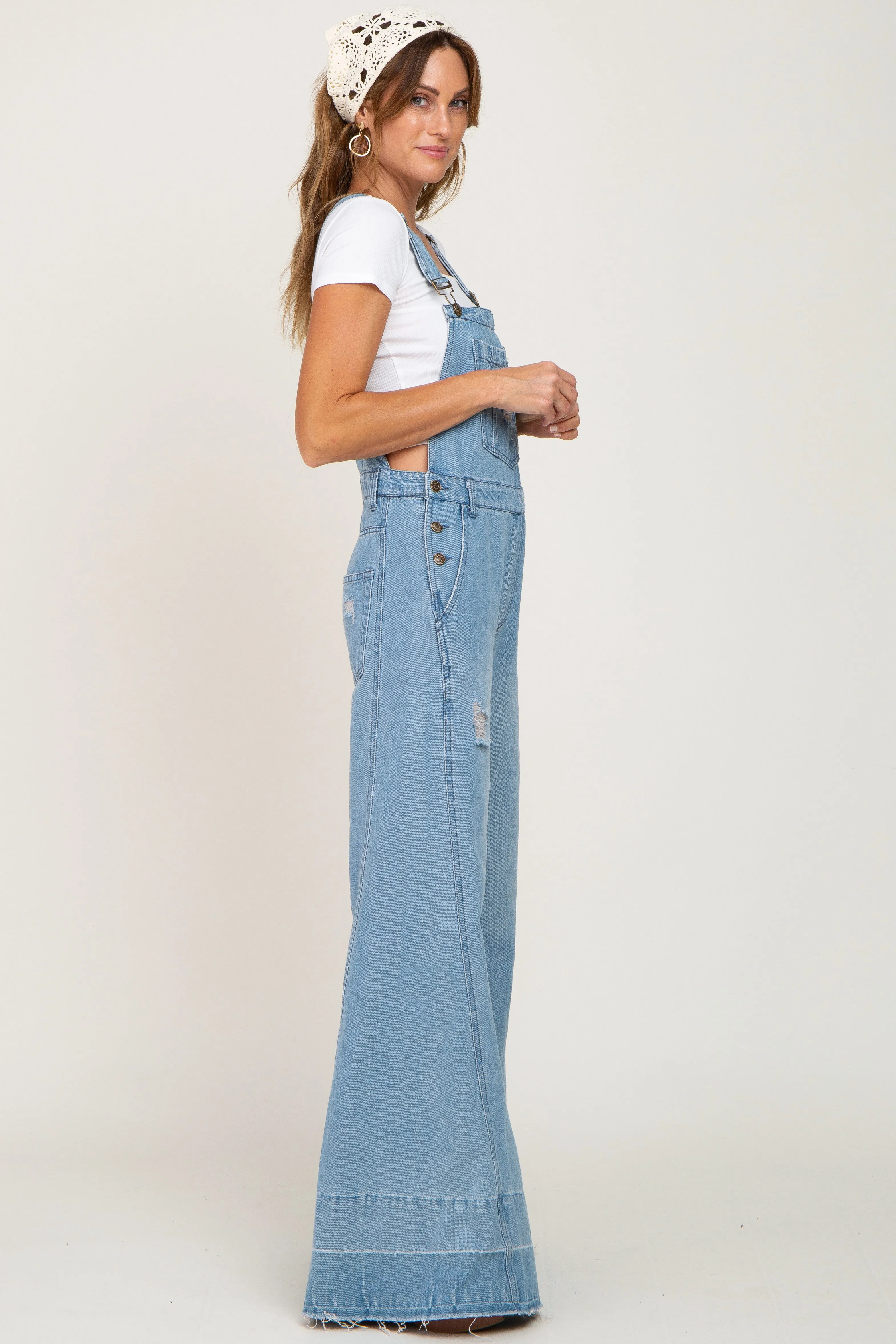 Blue Light Wash Denim Distressed Wide Leg Overalls sold by Pinkblush product image thumbnail 2