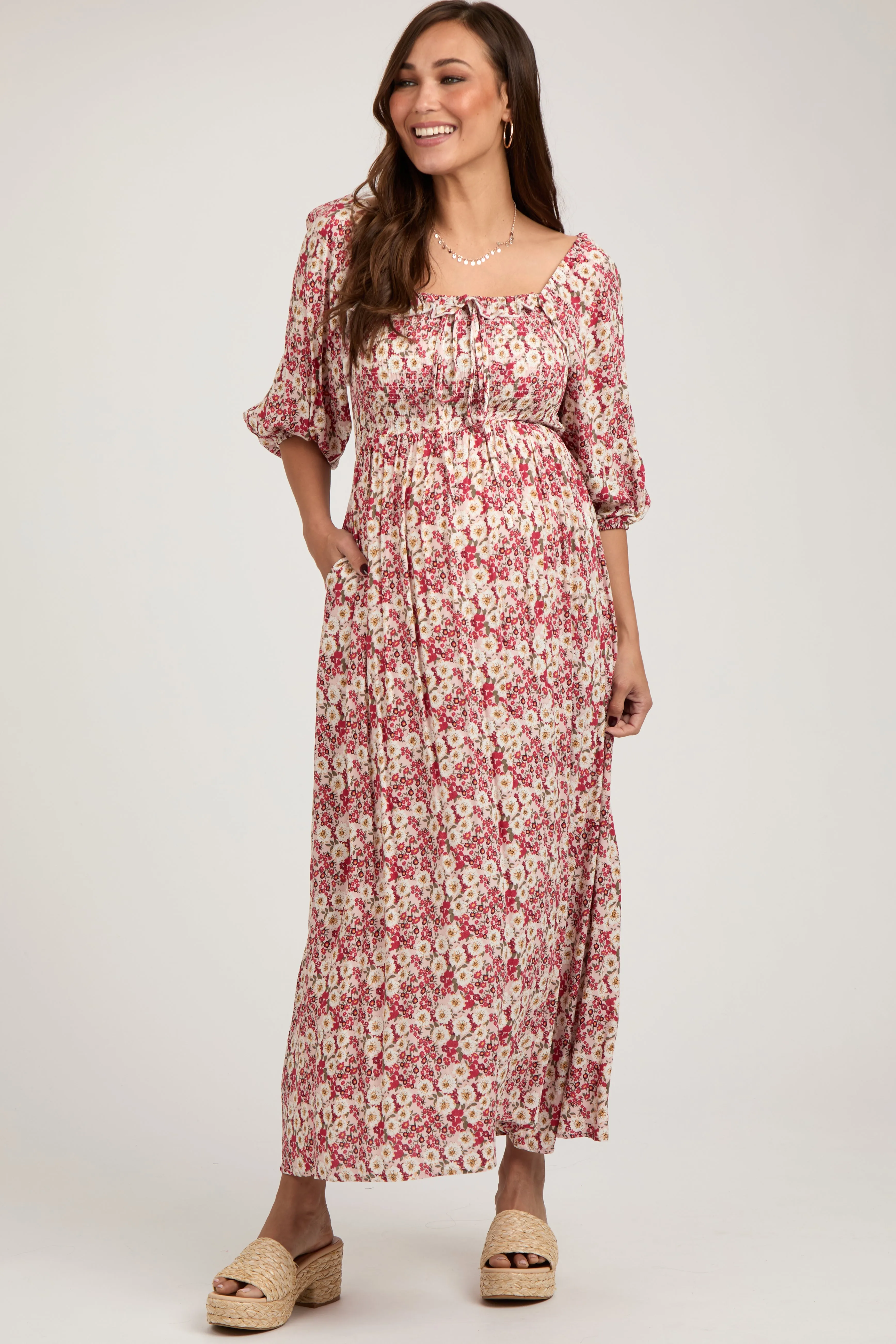 Red Abstract Floral Smocked Maternity Maxi Dress sold by Pinkblush